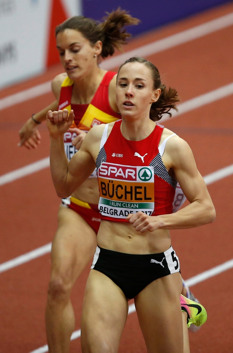 Switzerland's Selina Buechel celebrates as she crosses the line of a women's 800-meter qualifying heat during the European Athletics Indoor Championships in Belgrade, Serbia, Friday, March 3, 2017. (AP Photo/Darko Vojinovic) Serbia Athletics Indoor Europeans