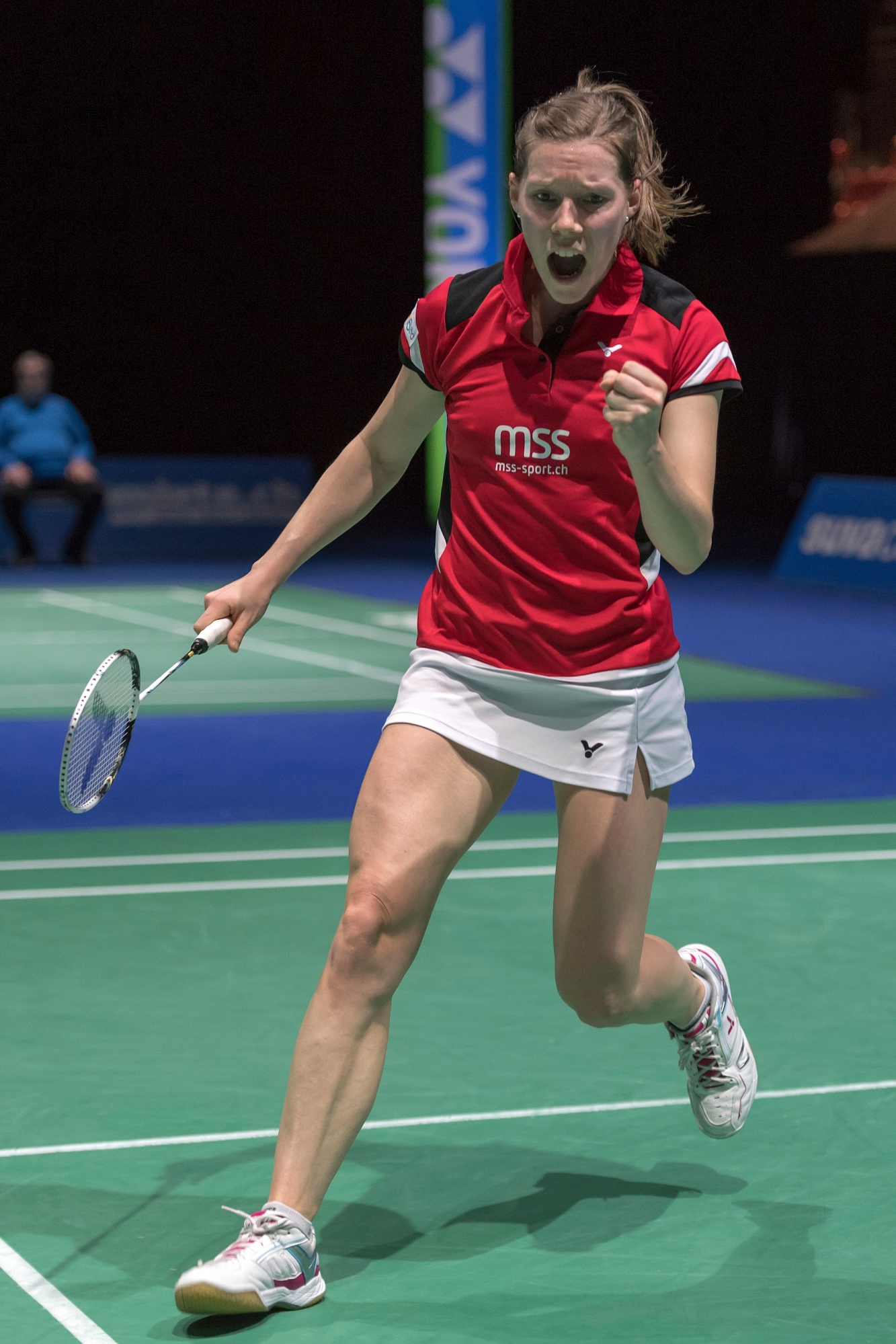 Sabrina Jaquet reacts during her women's singles round of sixteen match against China's Chen Yufei at the Badminton Swiss Open tournament in the St. Jakobshalle in Basel, Switzerland, on Thursday, March 16, 2017. (KEYSTONE/Georgios Kefalas) SWITZERLAND BADMINTON SWISS OPEN