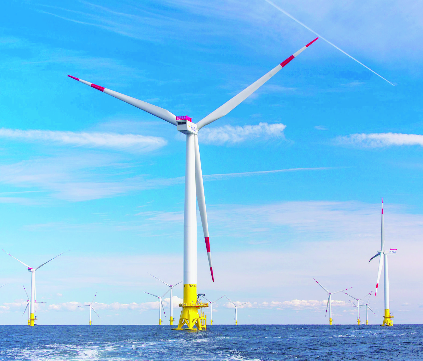 epa04932647 A picture made available 16 September 2015 shows the wind turbines of the offshore wind park 'Baltic 2', in the Baltic Sea close to the Island of Ruegen, Germany, 09 September 2015. The park was established by energy company 'EnBW' and will provide 340,000 households with energy. After a commissioning ceremony, the park will be brought online 21 September 2015.  EPA/JENS BUETTNER GERMANY ENERGY