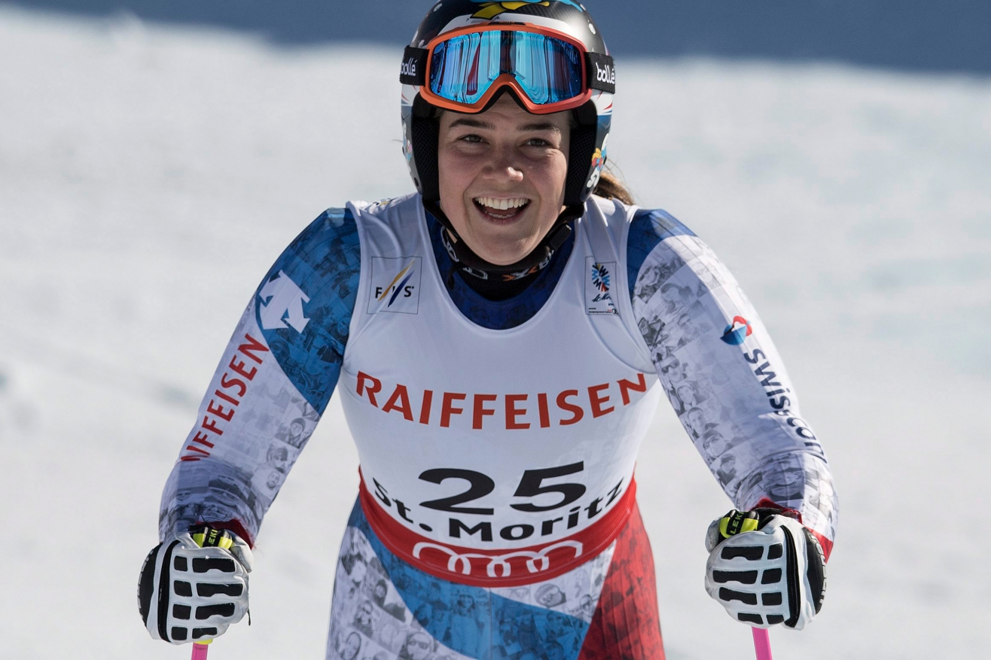 Melanie Meillard of Switzerland reacts in the finish area during the first run of the women's Giant Slalom race at the 2017 FIS Alpine Skiing World Championships in St. Moritz, Switzerland, Thursday, February 16, 2017. (KEYSTONE/Peter Schneider) SWITZERLAND ALPINE SKIING WORLDS WOMEN GIANT SLALOM