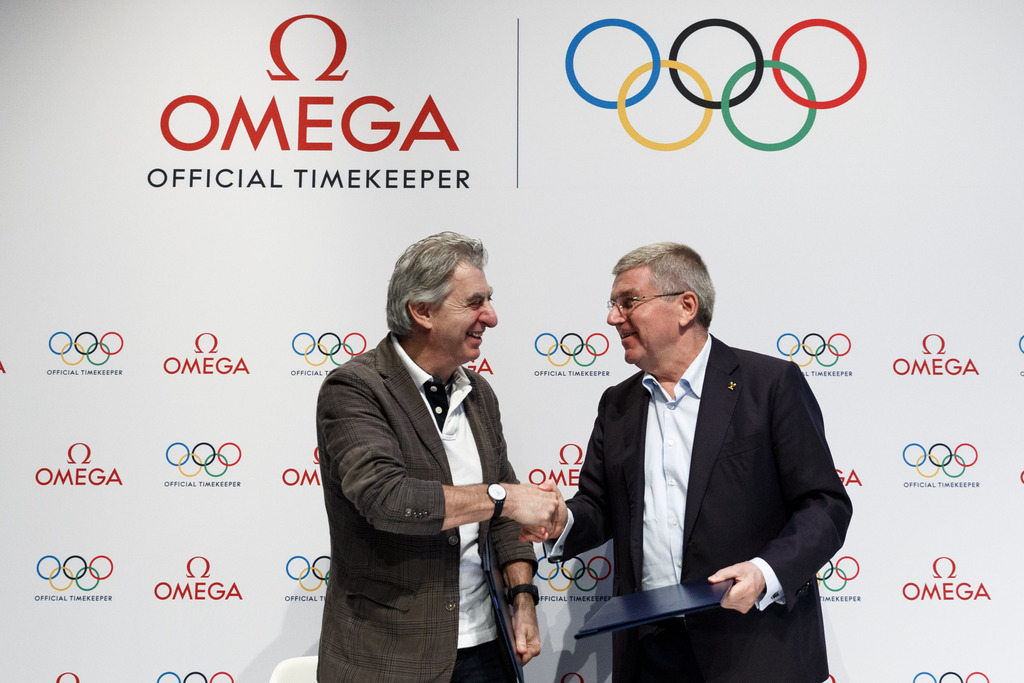 Le CEO de Swatch Group Nick Hayek et le président du CIO Thomas Bach ce lundi matin au Musée olympique de Lausanne.
