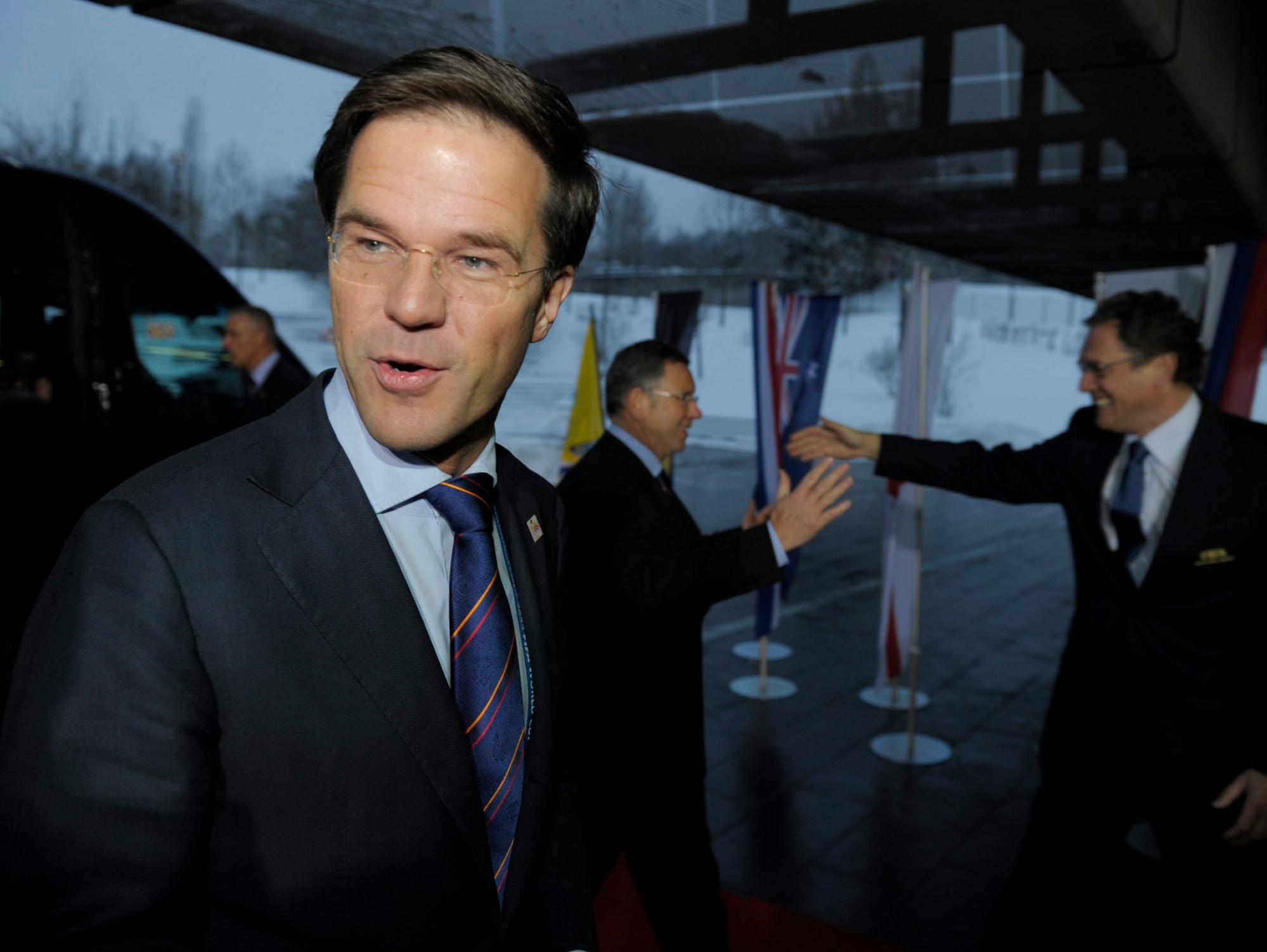 Mark Rutte, left, Prime Minister of the Netherlands, and the delegation arrive at the FIFA headquarters in Zurich, Switzerland, on Thursday, December 2, 2010, to present their bid to host the soccer World Cup 2018. (KEYSTONE/Steffen Schmidt) SWITZERLAND FIFA WORLD CUP