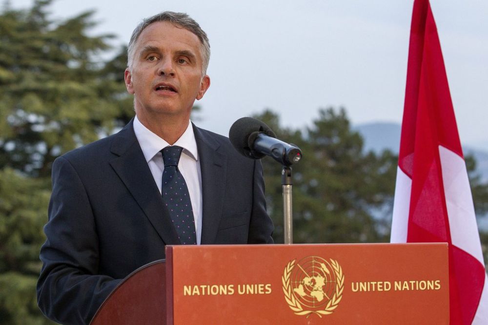 Le Ministre des Affaires Etrangères, Didier Burkhalter, prononce un discours à l'occasion du 10e anniversaire de l'entrée de la Suisse à l'ONU, hier à Genève.