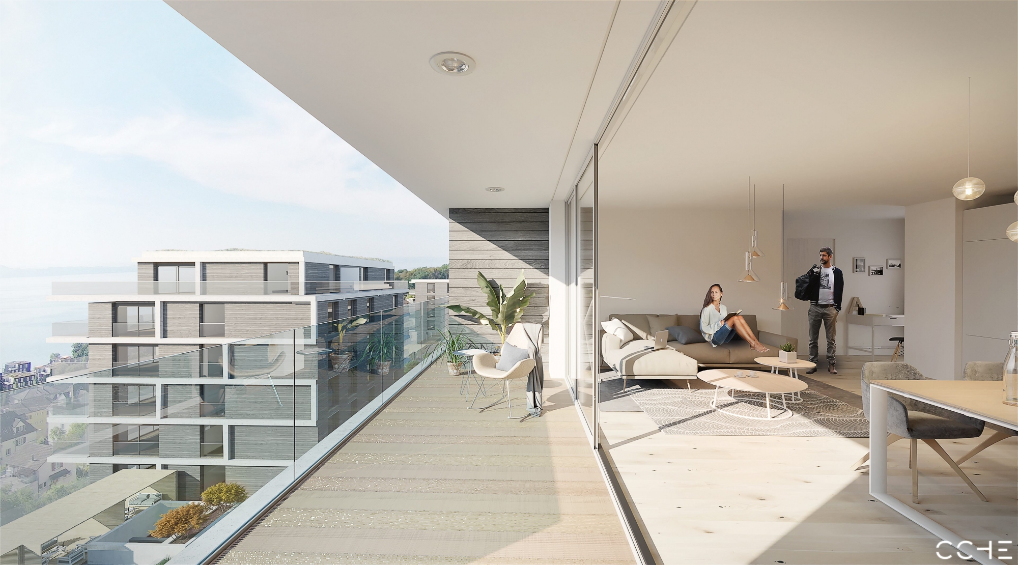 Image de synthèse du balcon d'un des appartements qui seront construits à Neuchâtel, sur la friche industrielle Metalor.