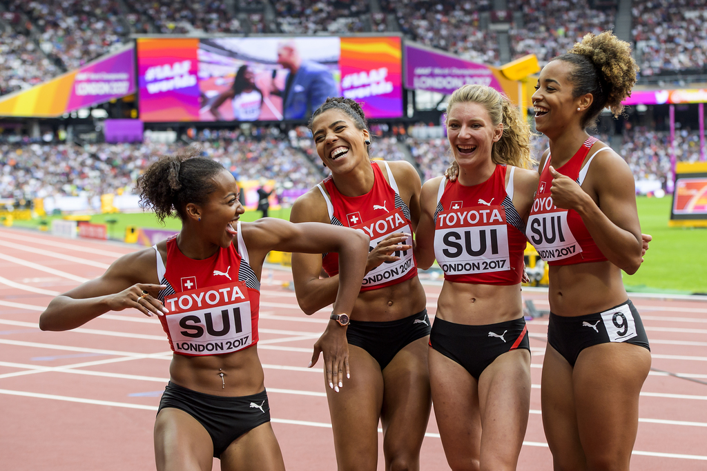 Sarah Atcho, Mujinga Kambundji, Ajla Del Ponte et Salome Kora (de gauche à droite) se sont qualifiées pour la finale avec le 4e temps des demies.