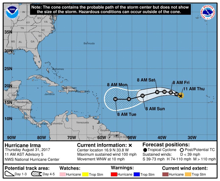 Le centre américain de surveillance des ouragans a publié une carte avec le tracé potentiel d'Irma sur plusieurs jours. 

