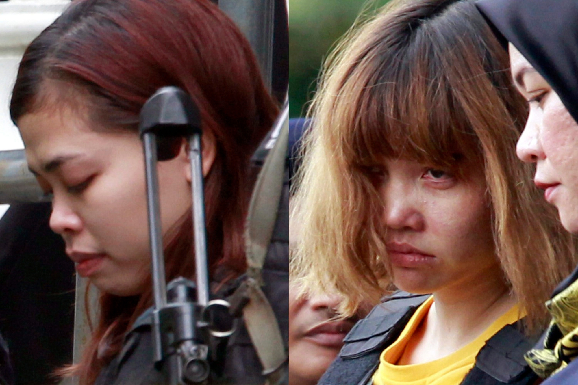 FILE - In this combination of March 1, 2017, file photos, Indonesian suspect Siti Aisyah, left, and Vietnamese suspect Doan Thi Huong, both suspects in the killing of Kim Jong Nam, North Korean leader Kim Jong Un's estranged half brother, are escorted out of court by police officers in Sepang, Malaysia. The trial of two women accused of poisoning the estranged half brother of North Korea's ruler is scheduled to begin Monday, Oct. 2, 2017,  in Malaysia's High Court, nearly eight months after the brazen airport assassination.(AP Photo/Daniel Chan, File) Malaysia North Korea