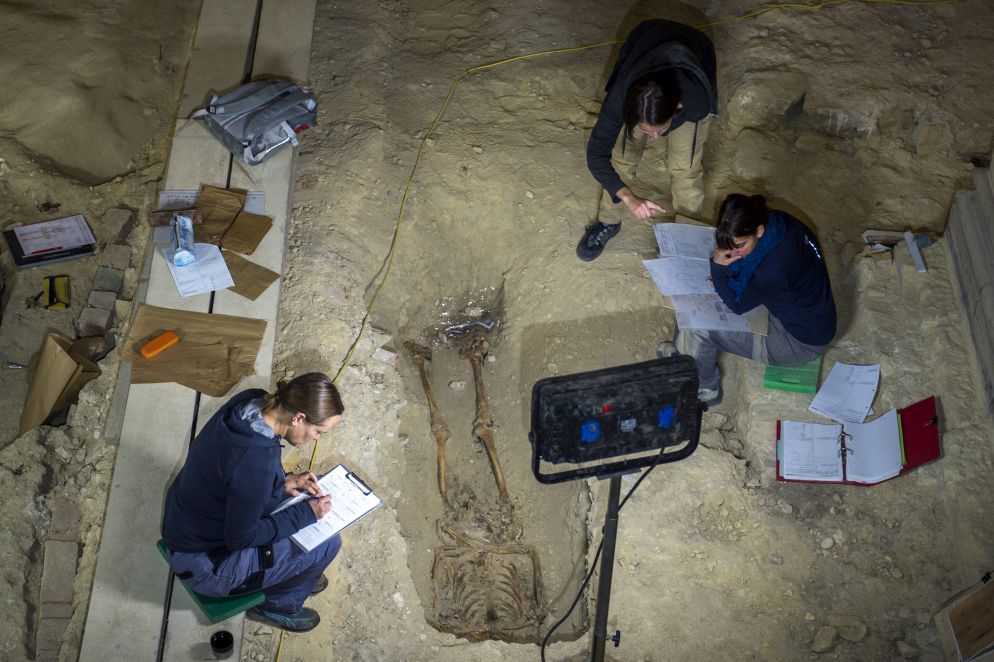 Des archéologues autour de l'un des squelettes découverts à la Collégiale.