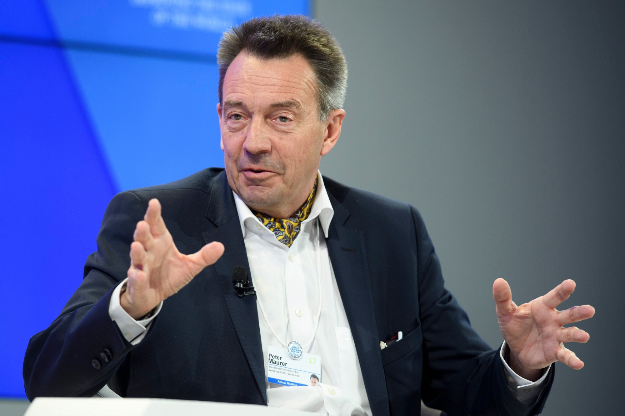 Peter Maurer, President of the International Committee of the Red Cross (ICRC), speaks during a panel session at the 47th annual meeting of the World Economic Forum, WEF, in Davos, Switzerland, Thursday, January 19, 2017. The meeting brings together enterpreneurs, scientists, chief executive and political leaders in Davos January 17 to 20. (KEYSTONE/Gian Ehrenzeller) SWITZERLAND WEF 2017 DAVOS