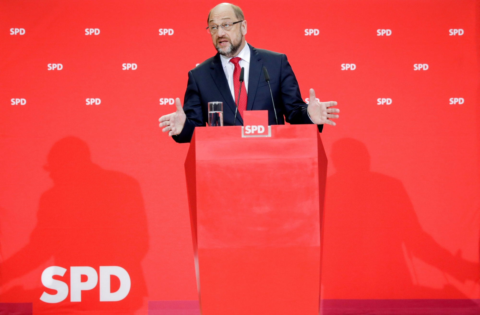 Chairman of Germany's Social Democrats, SPD, Martin Schulz speaks to journalists during a news conference in Berlin, Germany, Friday, Nov. 24, 2017. Schulz told reporters that his center-left party is willing to meet with other parties to discuss "very openly what contribution the SPD can make to forming a new government." (Kay Nietfeld/dpa via AP) Germany Politics