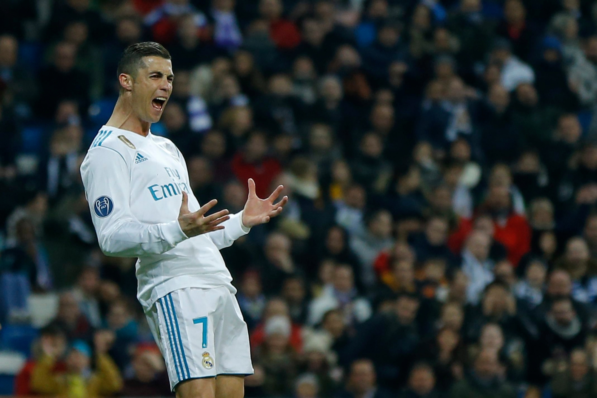 Real Madrid's Cristiano Ronaldo reacts after missing a chance to score during the Champions League Group H soccer match between Real Madrid and Borussia Dortmund at the Santiago Bernabeu stadium in Madrid, Spain, Wednesday, Dec. 6, 2017. (AP Photo/Francisco Seco) Spain Soccer Champions League