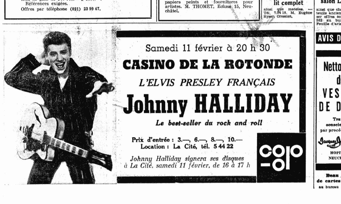 L'annonce du concert de Johnny Halliday dans la Feuille d'avis de Neuchâtel de février 1961