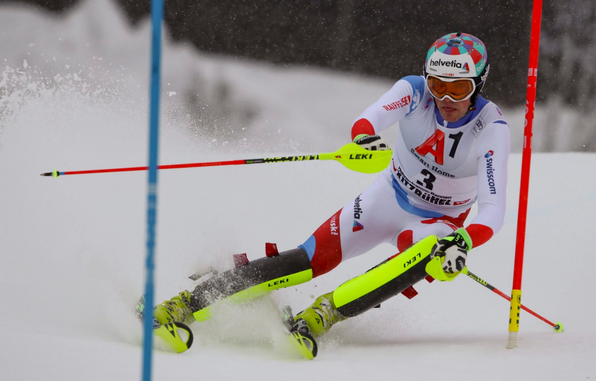 Switzerland's Daniel Yule speeds down the course during an alpine ski, men's World Cup slalom, in Kitzbuehel, Austria, Sunday, Jan. 21, 2018. (AP Photo/Marco Trovati) Austria Alpine Skiing World Cup