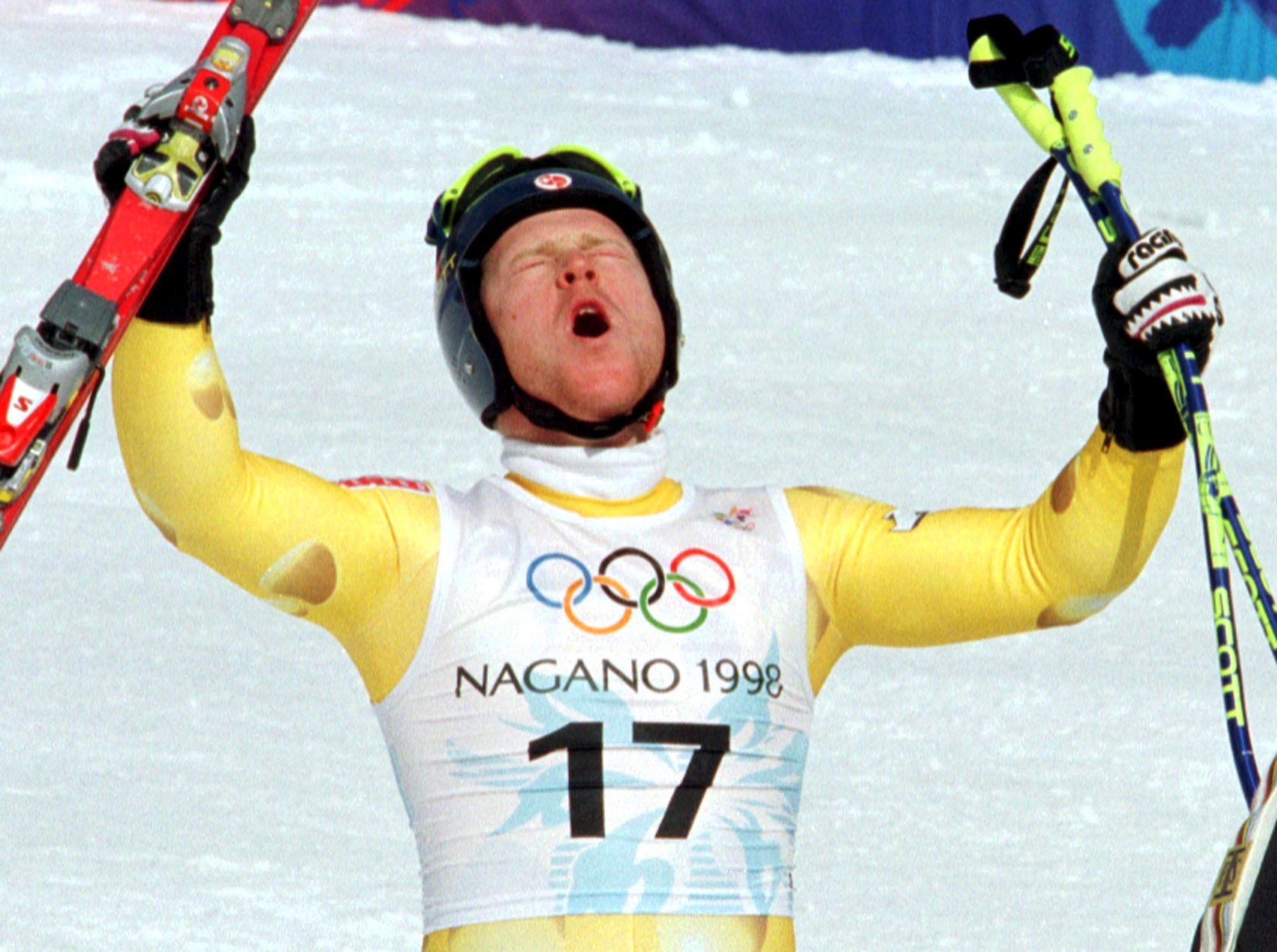 Jeux olympiques de Nagano en 1998: Didier Cuche peut exulter. Il vient de remporter la médaille d’argent en Super-G.