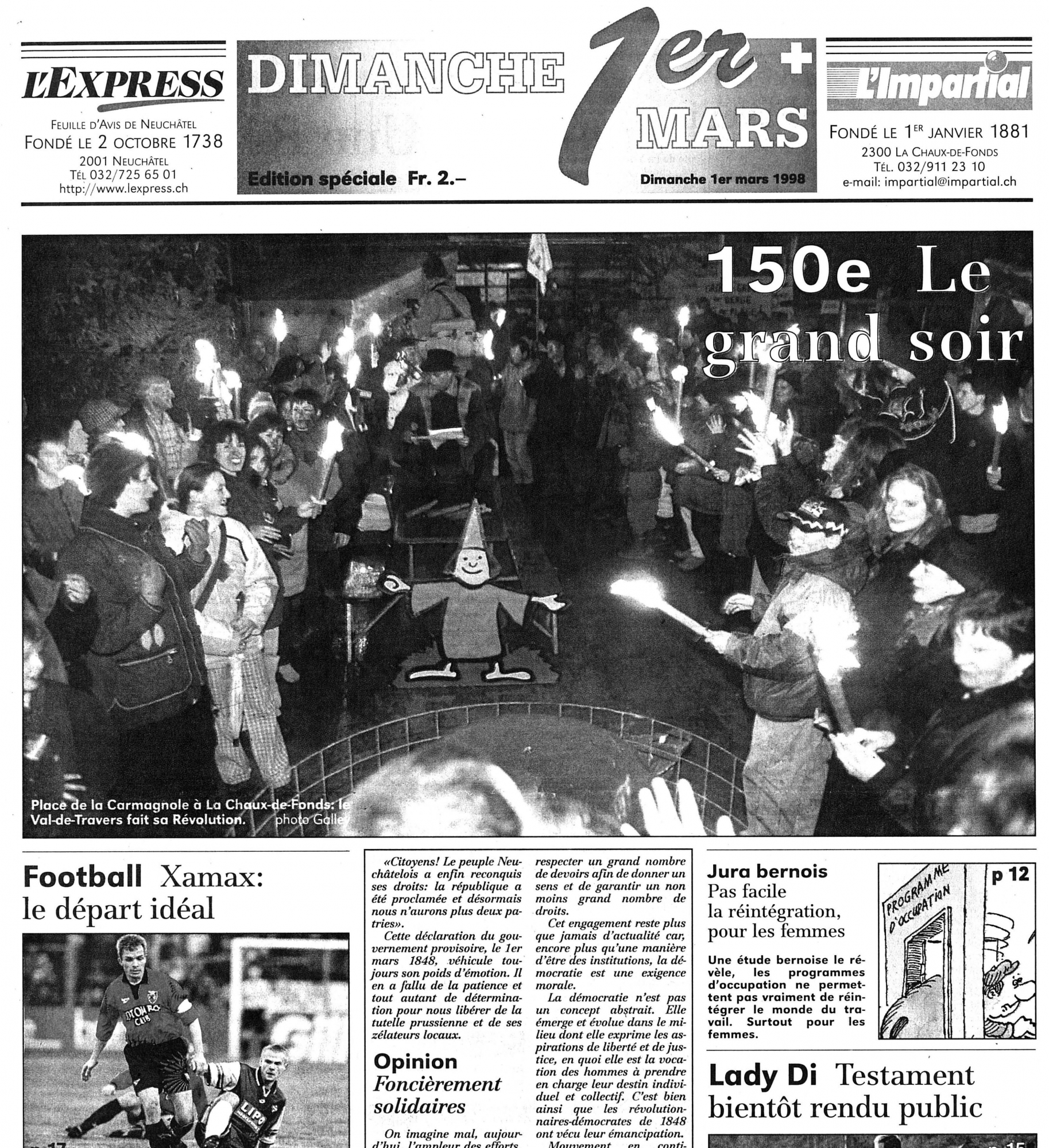 La "une" du numéro spécial publié par "L'Impartial" et "L'Express" le dimanche 1er mars 1998.