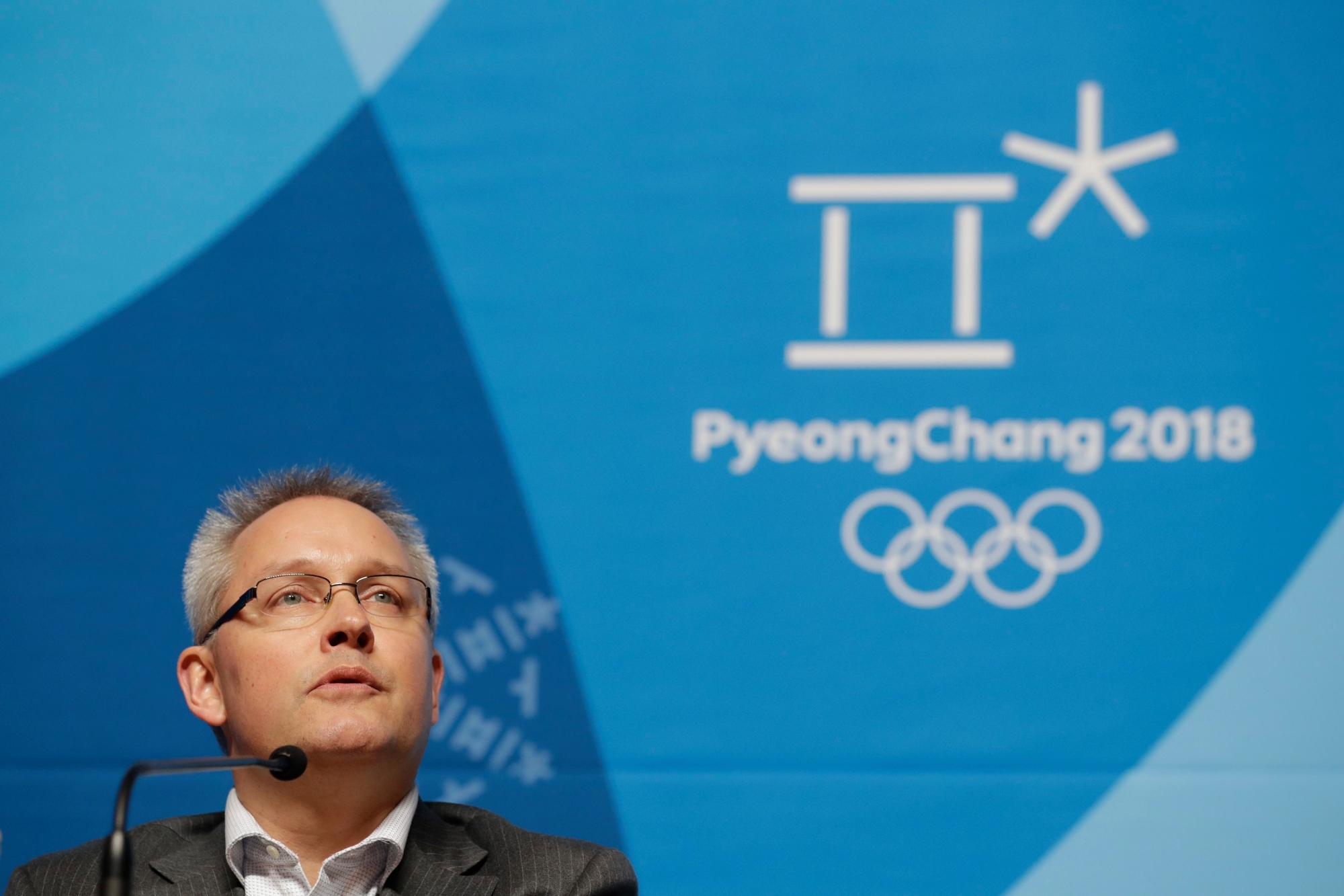 Matthieu Reeb, CAS Secretary General, speaks during a press conference about Russian athletes who are challenging the decisions taken by the Disciplinary Commission of the International Olympic Committee (IOC DC) ahead of the 2018 Winter Olympics in Pyeongchang, South Korea, Thursday, Feb. 1, 2018. (AP Photo/Felipe Dana) Pyeongchang Olympics