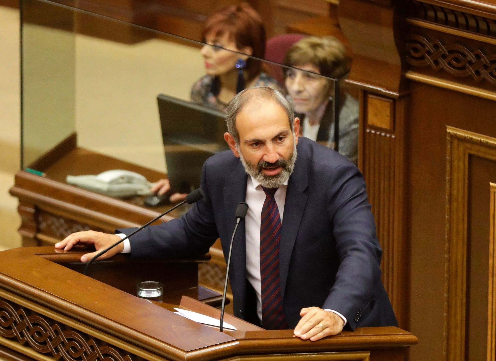 Opposition lawmaker Nikol Pashinian speaks during a parliament session to choose a replacement of Prime Minister in Yerevan on Tuesday, May 1, 2018. Nikol Pashinian, the opposition lawmaker who sparked two weeks of protests that threw Armenia into a political crisis, so far is the only candidate formally nominated for the prime minister's post. (AP Photo/Sergei Grits) Armenia Politics