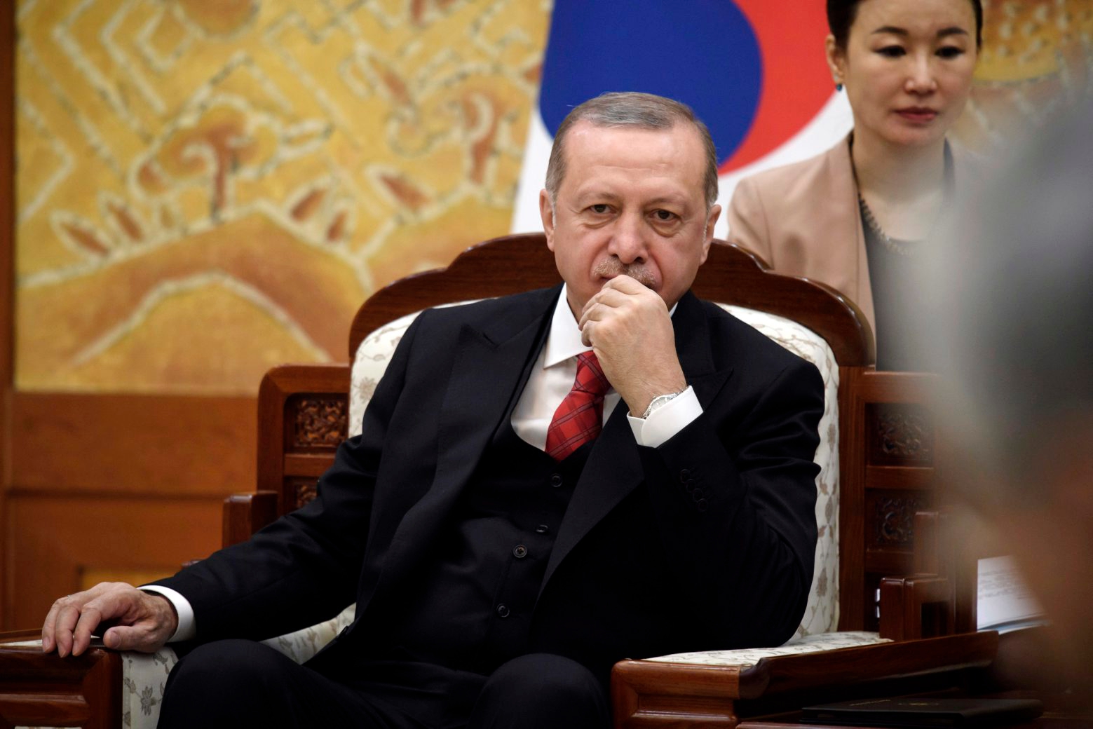 Turkey's President Recep Tayyip Erdogan meets with South Korea's President Moon Jae-in at the presidential Blue House in Seoul Wednesday, May 2, 2018. (Ed Jones/Pool Photo via AP) South Korea Turkey
