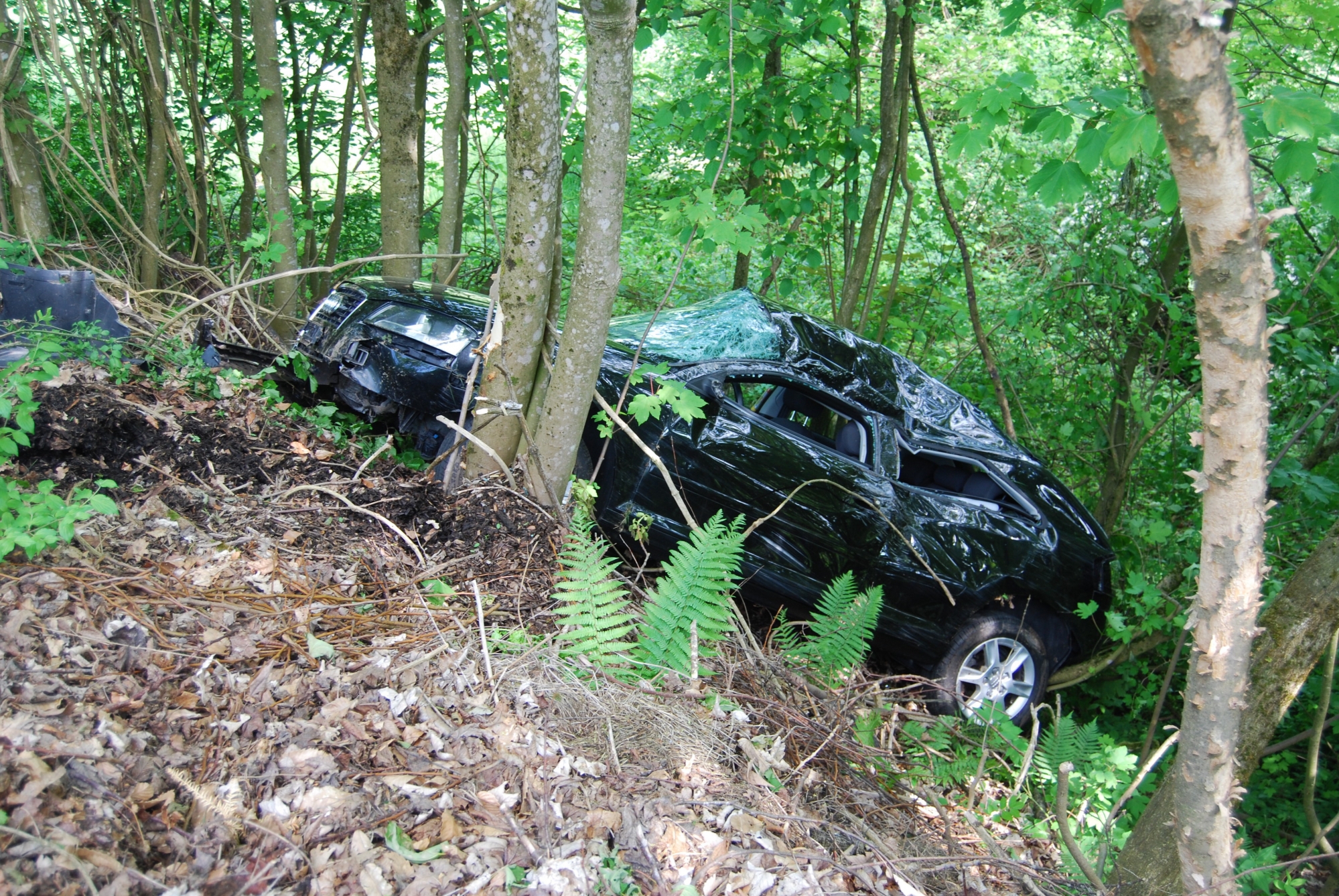 Le véhicule a terminé sa course dans la forêt en contrebas du terrain de golf. 