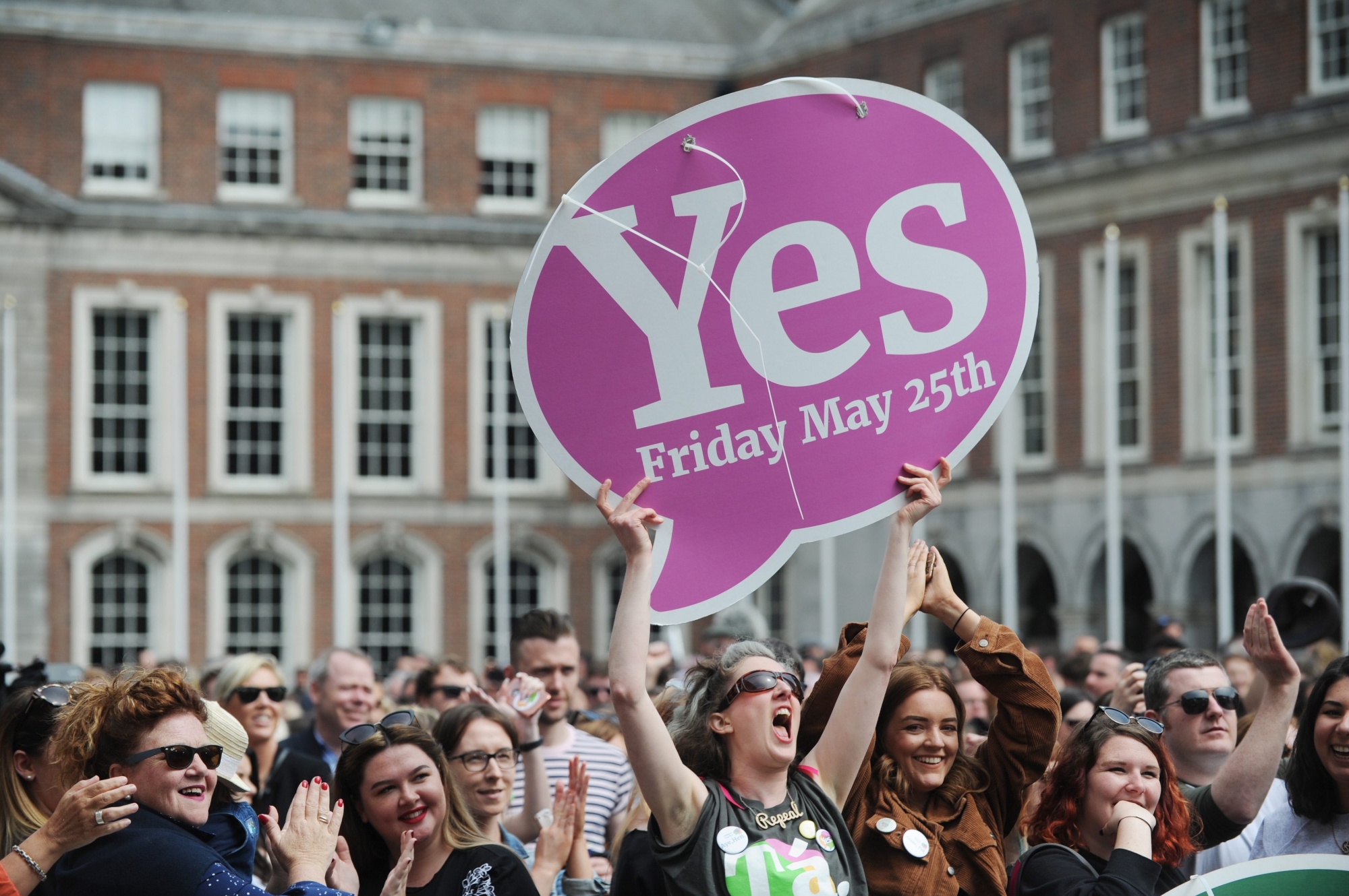 epaselect epa06764757 Supporters of the Yes side celebrate after a referndum on abortion, in Dublin, Ireland, 26 May 2018. According to exit polls, Ireland has voted overwhelmingly to legalize abortion in a historic referendum on 25 May 2018.  EPA/AIDAN CRAWLEY epaselect IRELAND REFERENDA ABORTION