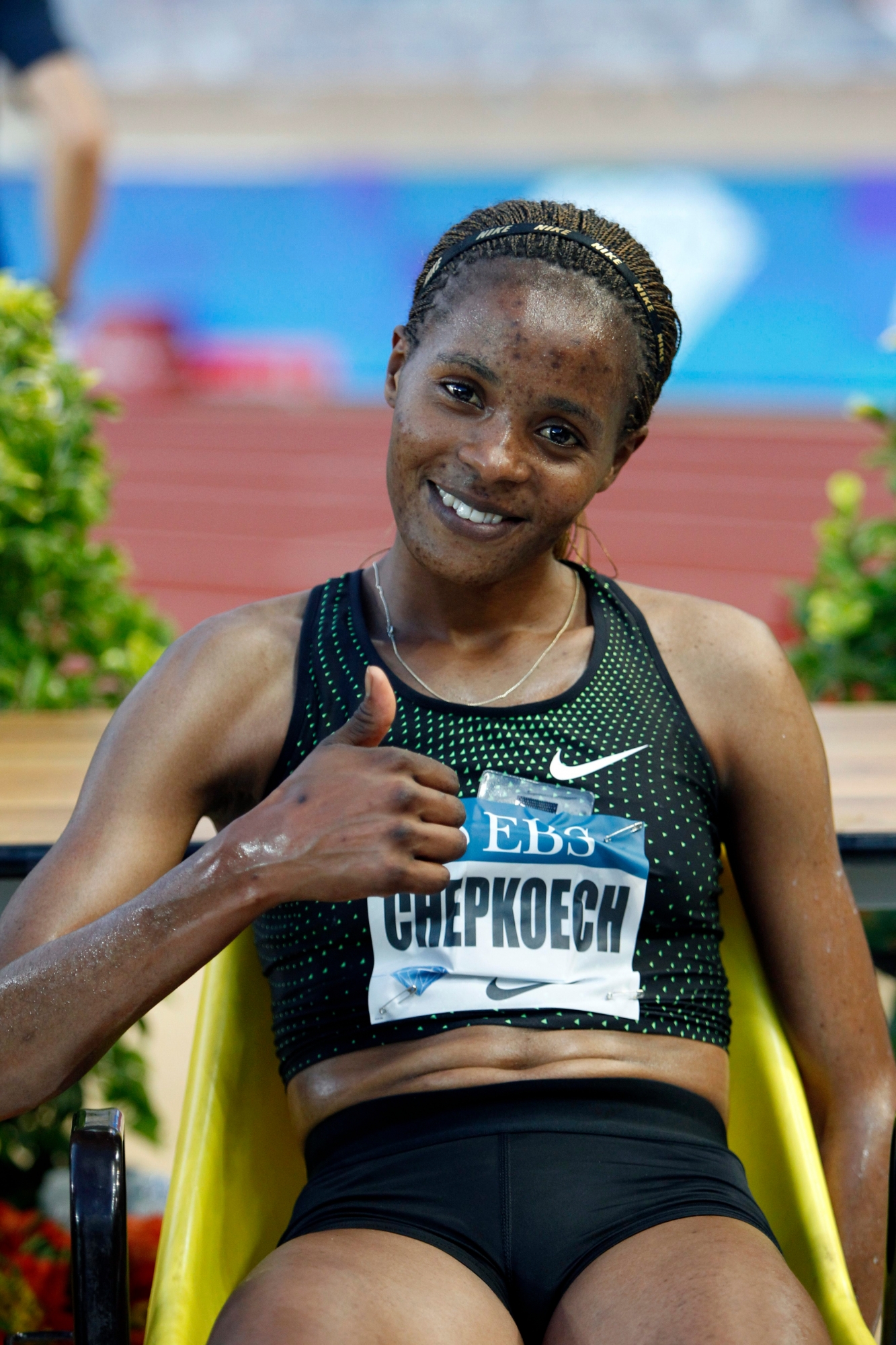 Kenya's Beatrice Chepkoech flashes a thumbs up after her women's 3000m steeplechase race during the IAAF Diamond League Athletics meeting at the Louis II Stadium in Monaco, Friday, July 20, 2018. (AP Photo/Claude Paris) Monaco Athletics Diamond League