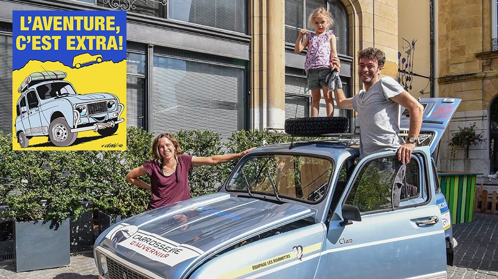 Bérénice, Ondine et Vincent L’Epée présentent leur Renault 4 spécialement aménagée pour s’attaquer au raid 4aLpes.