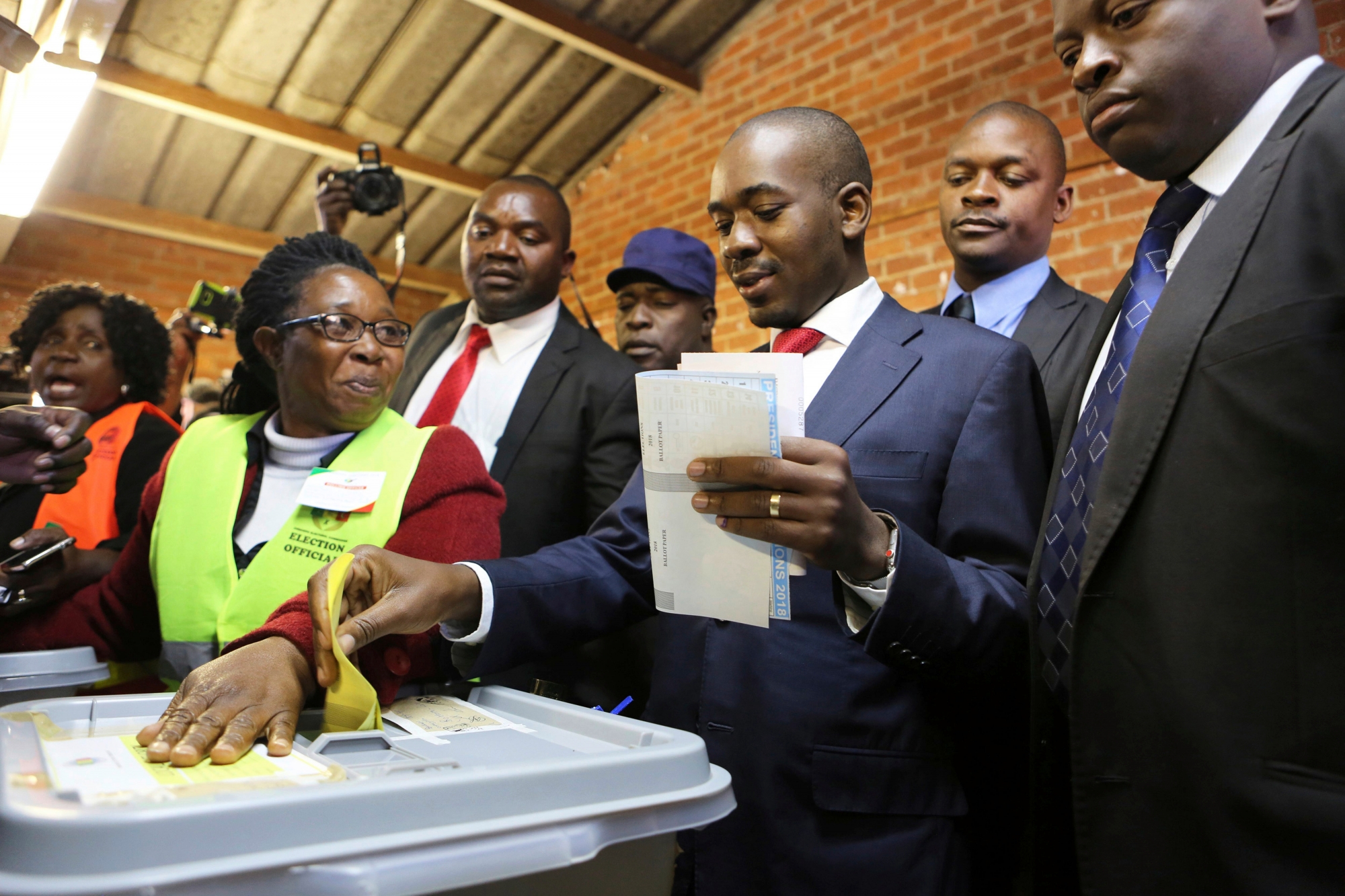 Zimbabwe's main opposition leader Nelson Chamisa casts his vote at a polling station in Harare, Zimbabwe, Monday, July 30, 2018. Zimbabwe votes in an election that could, if deemed credible, tilt the country toward recovery after years of economic collapse and repression under former leader Robert Mugabe. (AP Photo/Tsvangirayi Mukwazhi) Zimbabwe Elections Photo Gallery