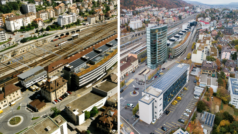 Entre 1998 et 2018, l’évolution du plateau de la gare: la tour a pris place en 2004.