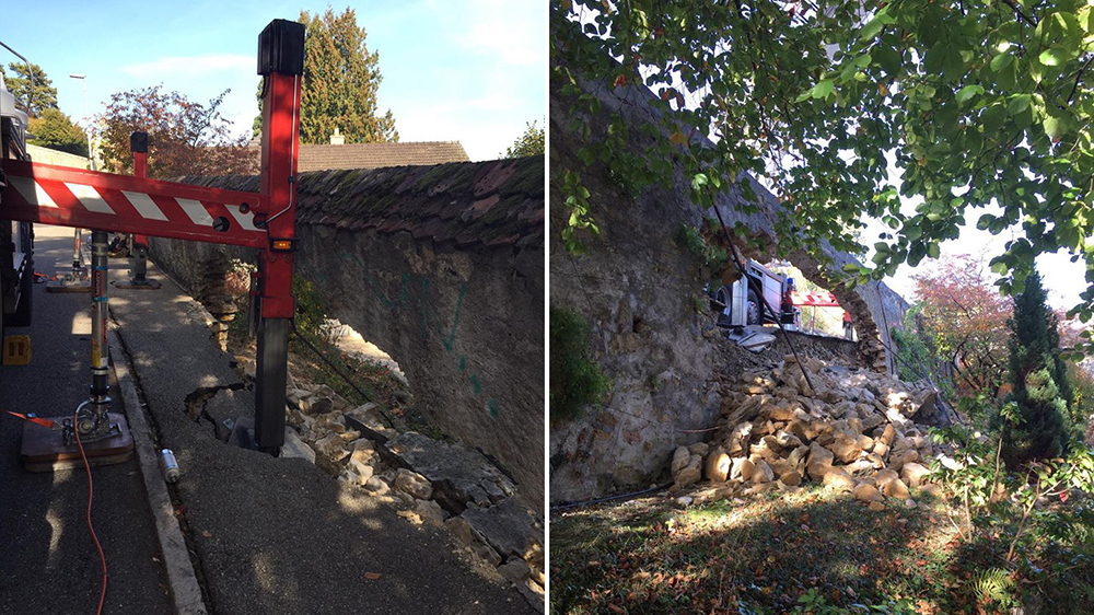 Les pompiers de la Ville de Neuchâtel ont détruit un bout de trottoir et un morceau de mur.