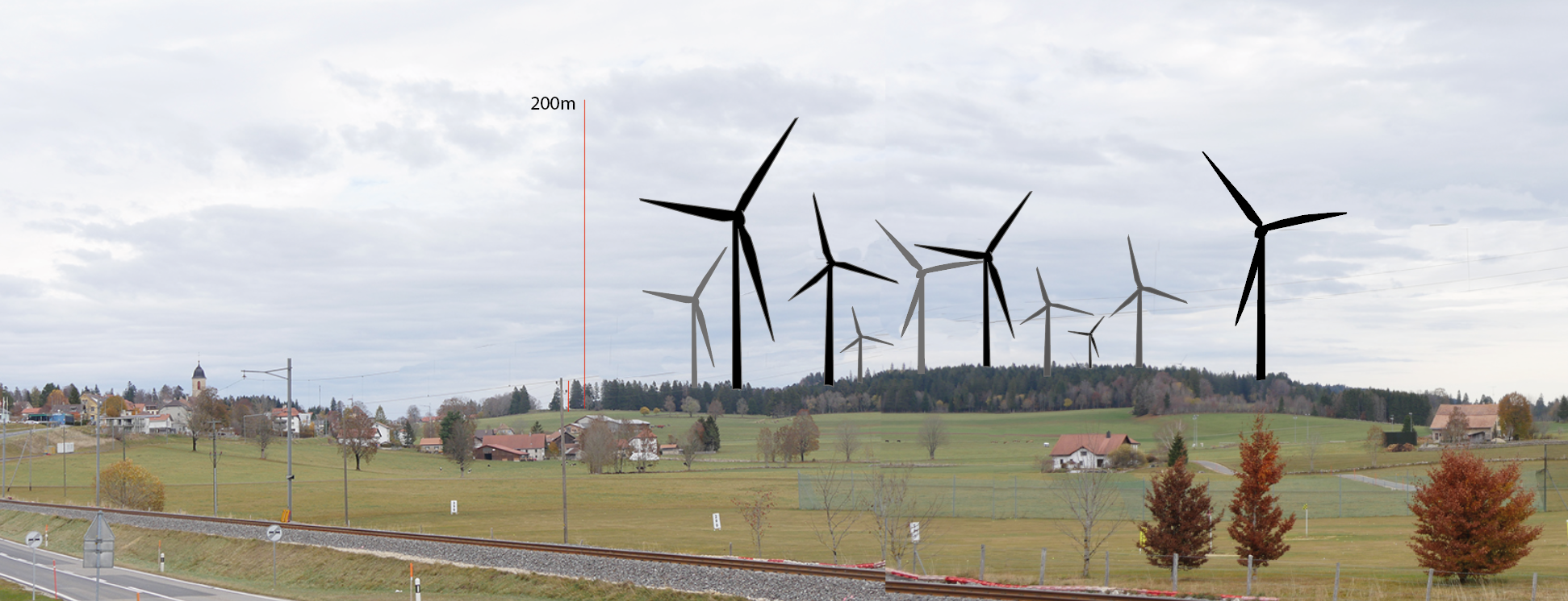 Paysage des Bois imaginé avec une dizaine d'éoliennes de 200 mètres de haut.
