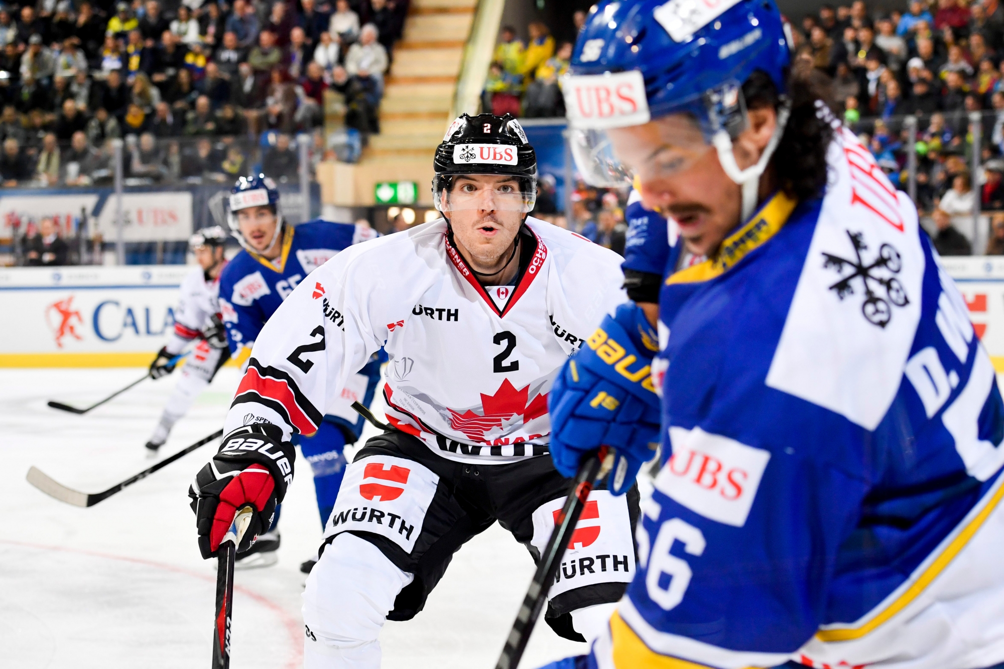 Team Canada's Simon Despres, center, during the game between HC Davos and Team Canada, at the 92th Spengler Cup ice hockey tournament in Davos, Switzerland, Wednesday, December 26, 2018. (KEYSTONE/Gian Ehrenzeller). EISHOCKEY SPENGLER CUP 2018 DAVOS CANADA