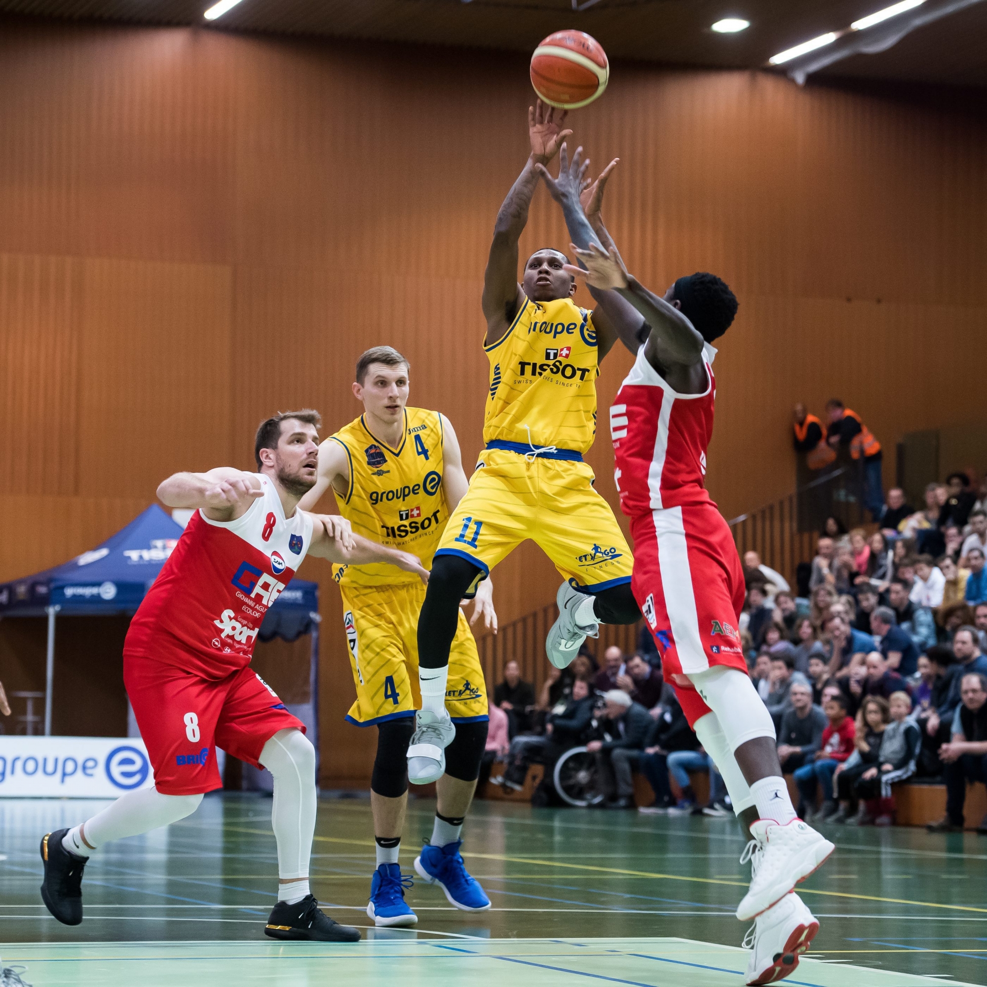 Basketball : Union Neuchatel - Massagno.

De g a d : Slobodan Miljanic (8), Jared Berggren (4), Brandon Brown (11) et James Sinclair (3)

Neuchatel, le 12 janvier 2019
Photo : Lucas Vuitel