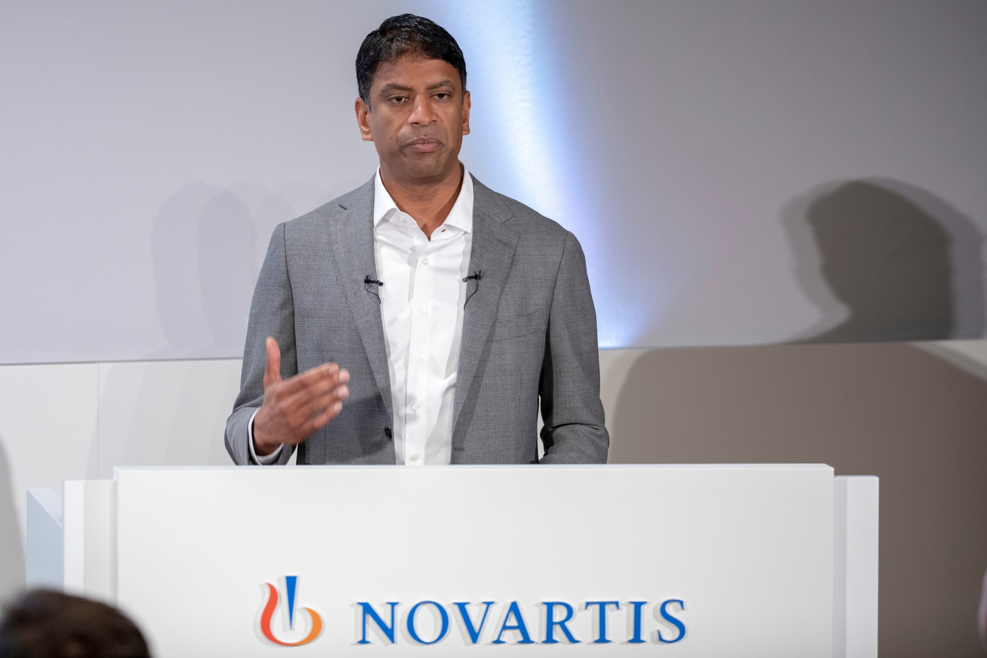 Vas Narasimhan, CEO of Swiss pharmaceutical group Novartis, speaks during the annual results media conference at the Novartis Campus in Basel, Switzerland, on Wednesday, January 30, 2019.  (KEYSTONE/Patrick Straub) SWITZERLAND NOVARTIS ANNUAL RESULT
