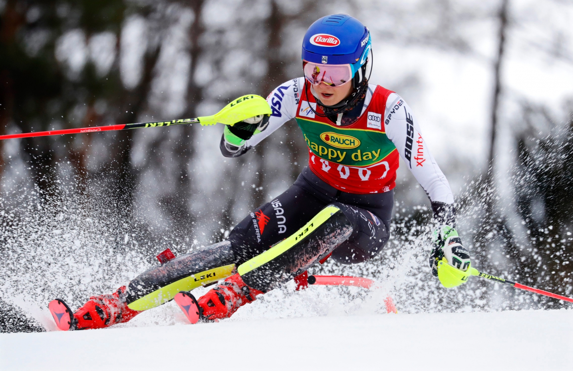 epa07337845 Mikaela Shiffrin of the USA in action during the first run of the women's Slalom race of the FIS Alpine Skiing World Cup in Maribor, Slovenia, 02 February 2019.  EPA/ANTONIO BAT SLOVENIA ALPINE SKIING WORLD CUP