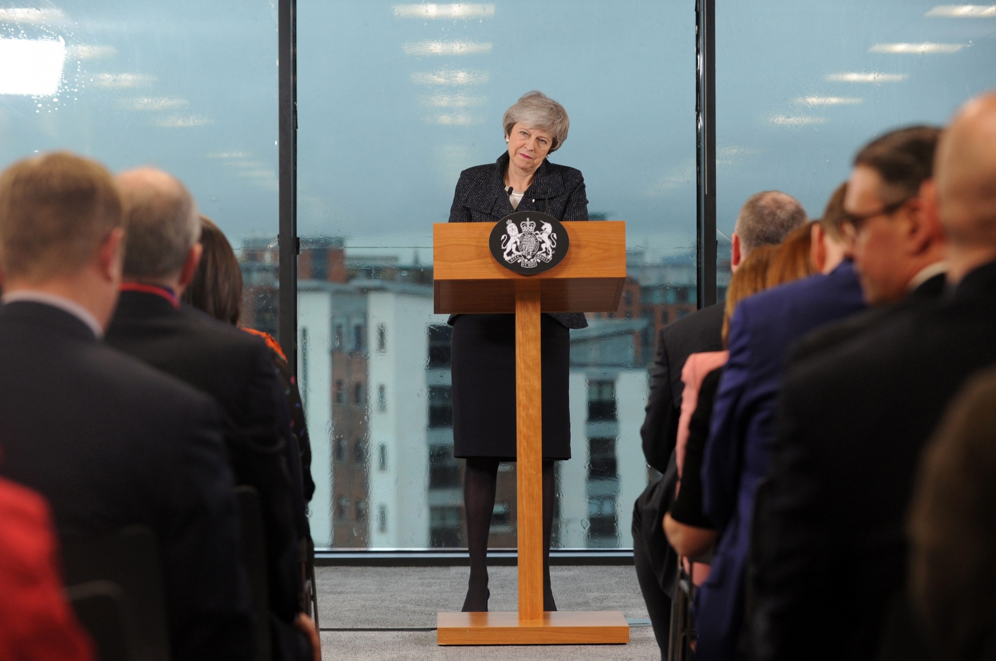 epa07345634 British Prime Minister Theresa May delivers a speech on Brexit in Belfast, Northern Ireland, 05 February 2019. May is expected to outline her plans to avoid a hard border with Ireland in her Brexit deal. The United Kingdom (UK) is leaving the European Union (EU) following a narrow in for Brexit in a referendum.  EPA/Aidan Crawley BRITAIN NORTHERN IRELAND BREXIT