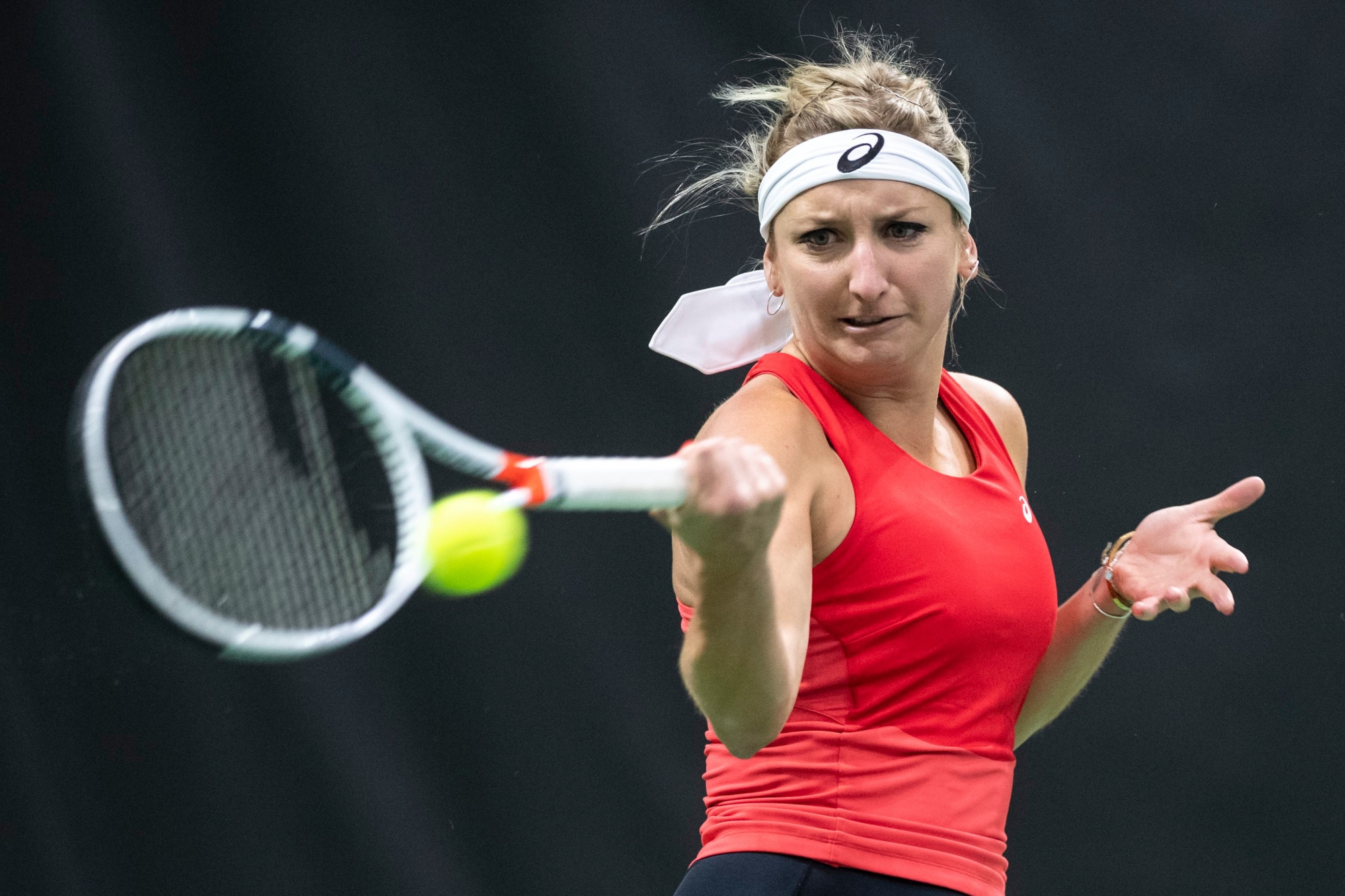 Switzerland's Timea Bacsinszky, in action during a training session prior to the Fed Cup, World Group, 1st Round, in the Swiss Tennis Arena in Biel, Switzerland, Wednesday, February 6, 2019. Switzerland will face Italy in the tennis Fed Cup. (KEYSTONE/Adrien Perritaz) SWITZERLAND ITALY TENNIS FED CUP