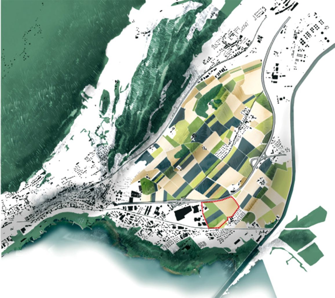 La zone (délimitée par des traitillés rouges) du futur pôle de développement de La Tène, à Marin.
