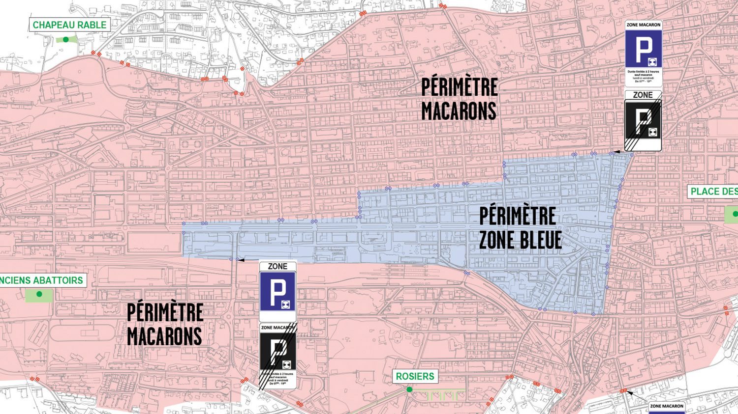 Le plan de La Chaux-de-Fonds tel que le prévoit la nouvelle politique de stationnement, avec la zone à macaron et celle où seront toujours nécessaire les disques bleus.