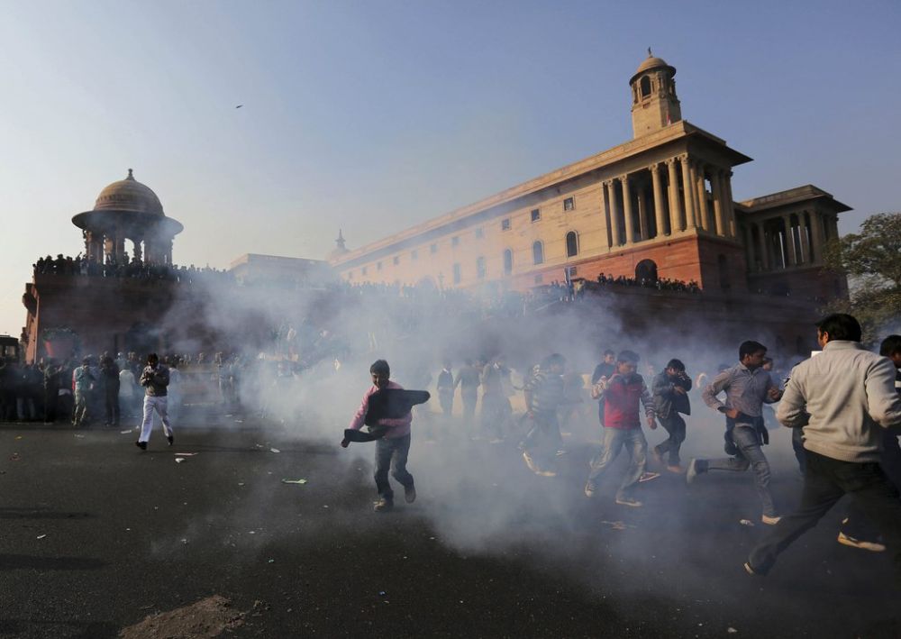 Les manifestants s'étaient de nouveau rassemblés au pied de la Porte de l'Inde, monument emblématique de New Delhi.