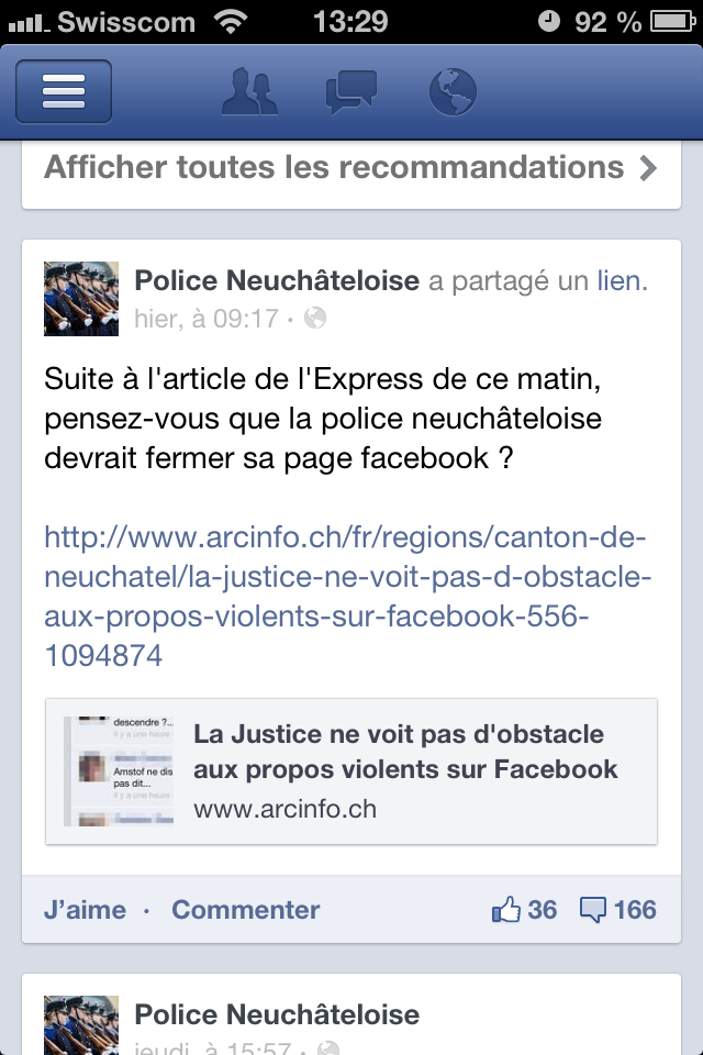 La Police neuchâteloise a interrogé ses fans sur l'opportunité de fermer ou non sa page Facebook.