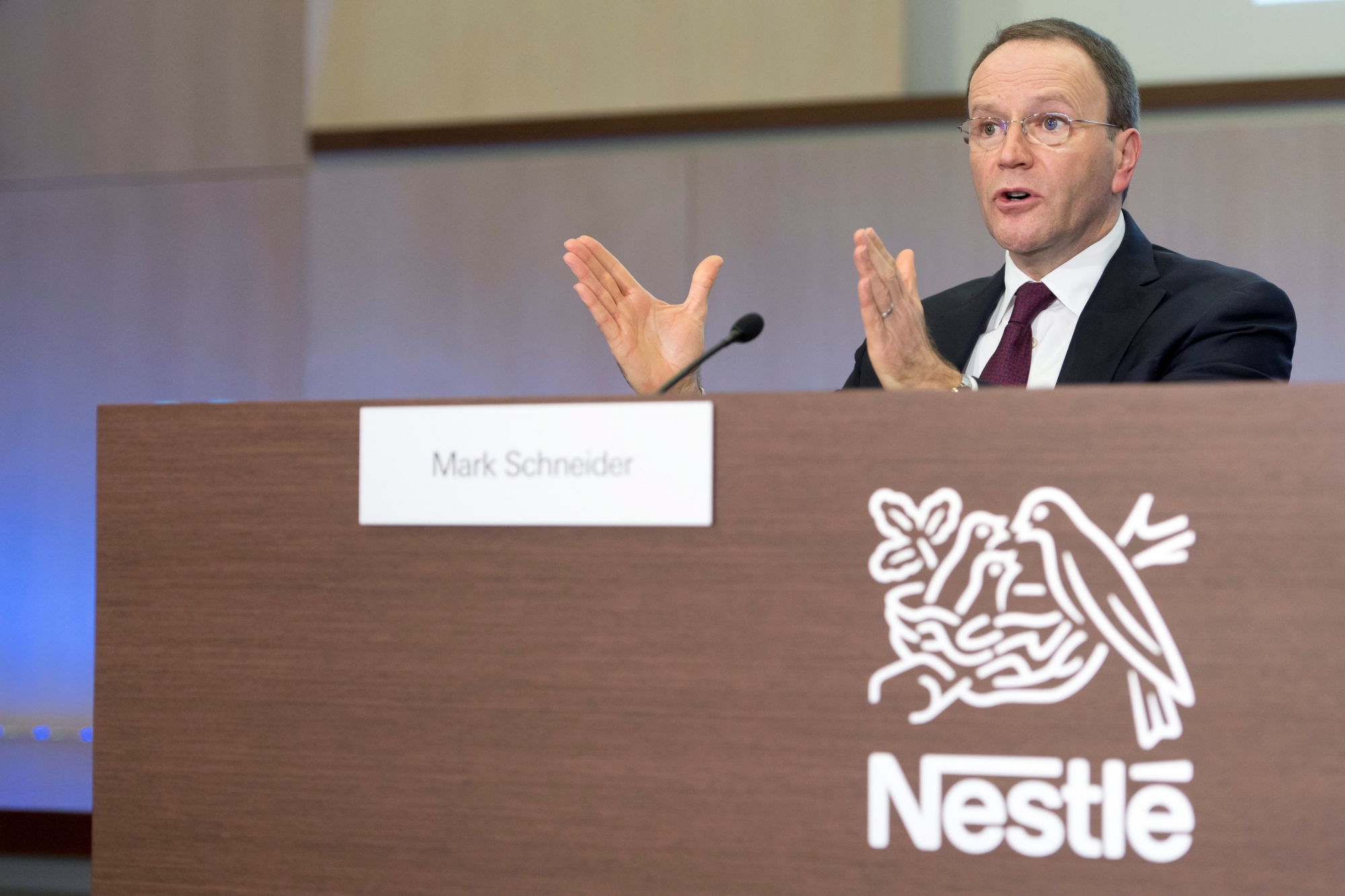Nestle's CEO Ulf Mark Schneider speaks during the 2018 full-year results press conference of the food and drinks giant Nestle, in Vevey, Thursday, February 14, 2019.(KEYSTONE/Laurent Gillieron) SWITZERLAND NESTLE ANNUAL RESULT 2018