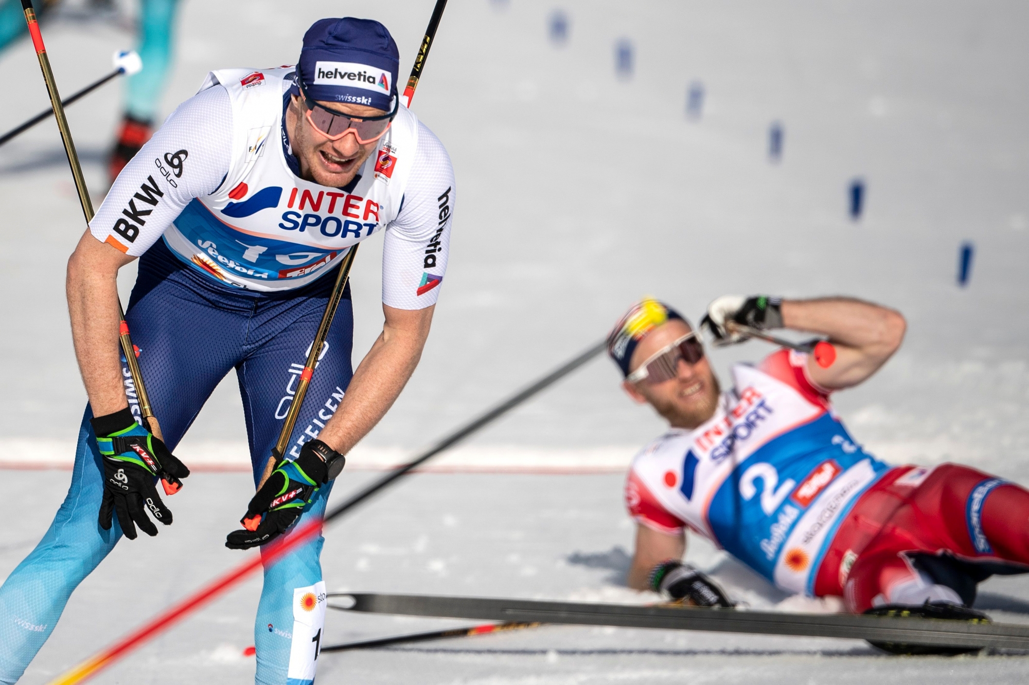 Switzerland's Dario Cologna reacts in the finish area after the men mass start 50km skating cross country competition at the Cross Country Arena Seefeld at the 2019 Nordic Skiing World Championships in Seefeld, Austria, on Sunday, 03 March 2019. (KEYSTONE/Peter Schneider) AUSTRIA 2019 NORDIC SKIING WORLDS CROSS COUNTRY SKIING