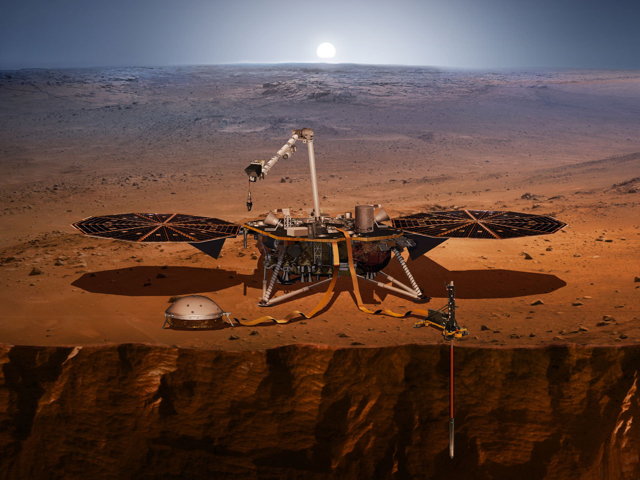 Vue d'artiste du module InSight, arrivé sur mars à fin 2018. A bord, un sismomètre dont l'équipement électronique est signé Syderal.