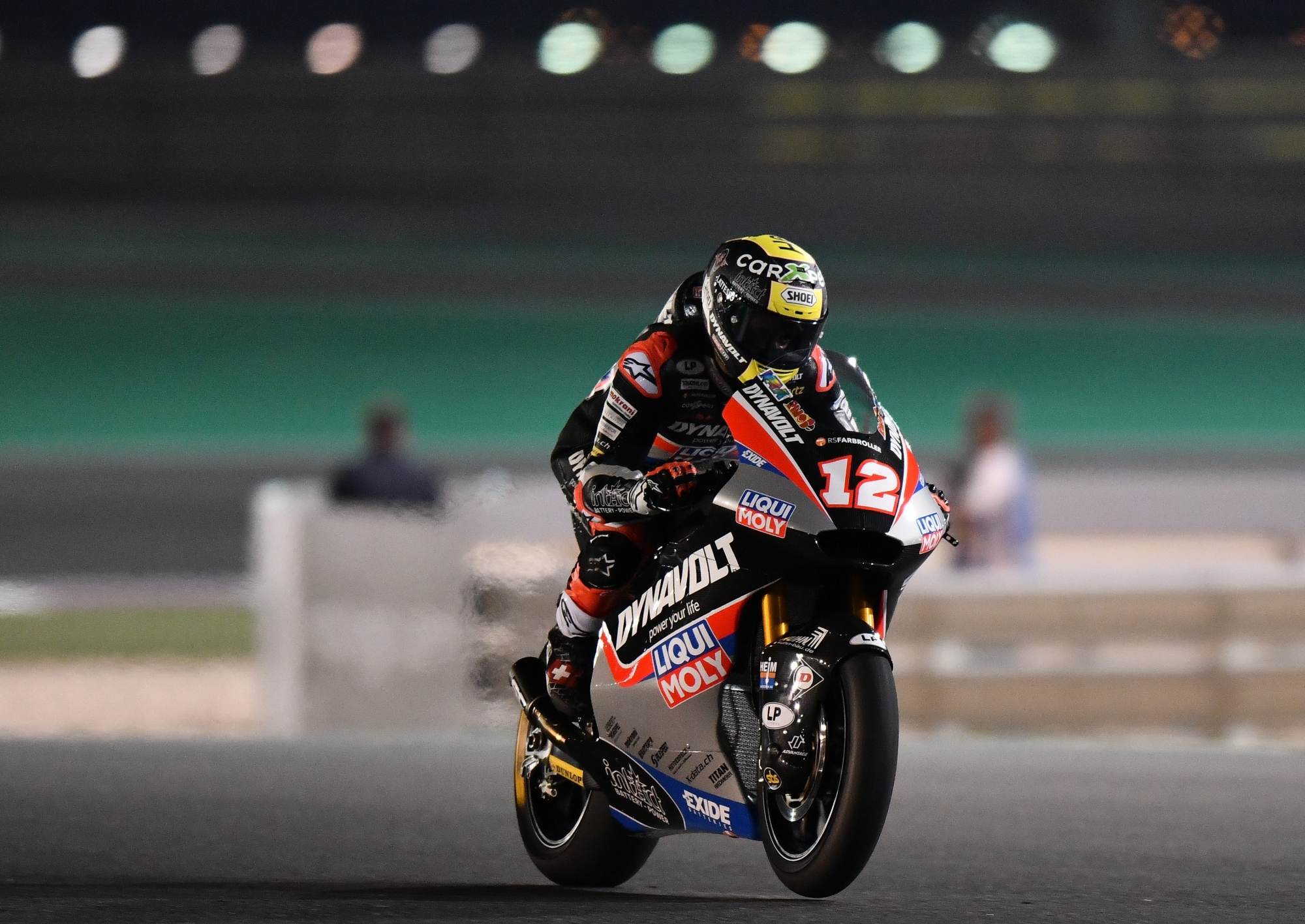 epa07425374 Swiss Moto2 rider Thomas Luthi of Dynavolt Intact GP
 in action during a qualifying session for the Motorcycling Grand Prix of Qatar at Al Losail International Circuit in Doha, Qatar,  09 March 2019 . The 2019 MotoGP World Championship season's first race will be held in Doha on 10 March.  EPA/NOUSHAD THEKKAYIL QATAR MOTORCYCLING GRAND PRIX