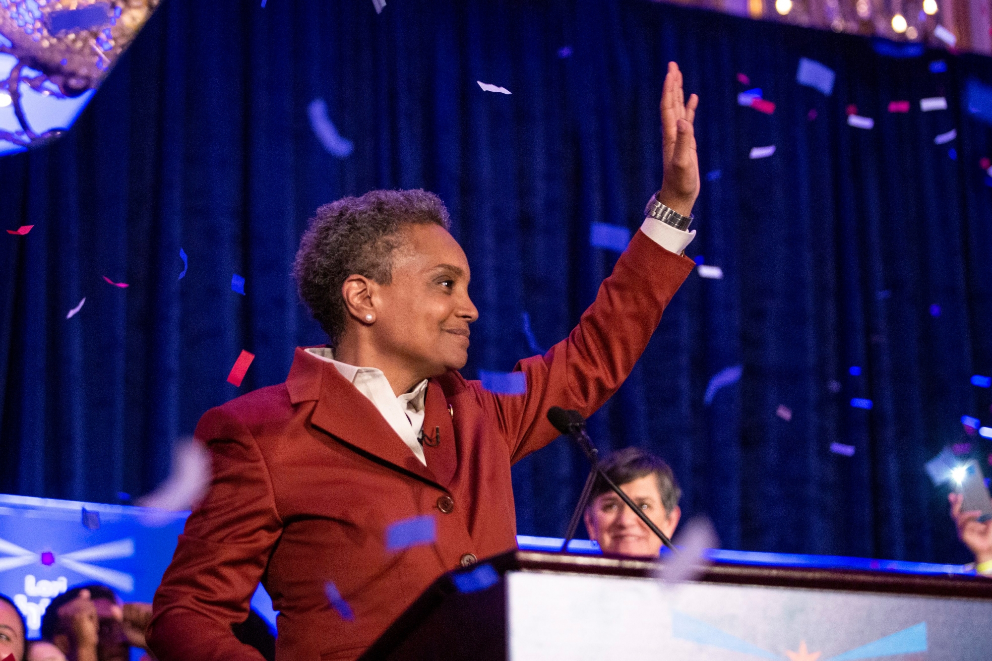Lori Lightfoot celebrates at her election night rally at the Hilton Chicago after defeating Toni Preckwinkle in the Chicago mayoral election, Tuesday, April 2, 2019. (Ashlee Rezin/Chicago Sun-Times via AP) Chicago Mayoral Election