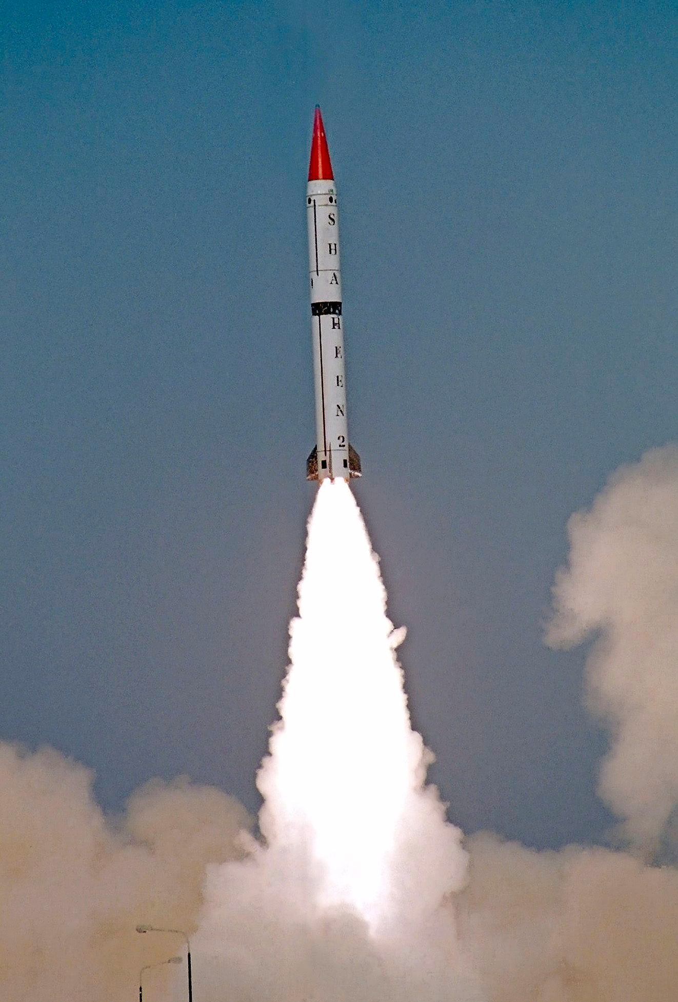 In this handout photo released by Pakistan Interservices Public Realtions department, shown is the test flight of the Pakistan-made new version of its long-range nuclear-capable missile at an  undisclosed location in Pakistan, Friday, Feb. 23, 2007. The Hatf VI (Shaheen II) ballistic missile has a range of 2,000 kilometers (1,245 miles). (KEYSTONE/AP Photo/Interservices Public Realtions Department,HO) Pakistan Missile Test