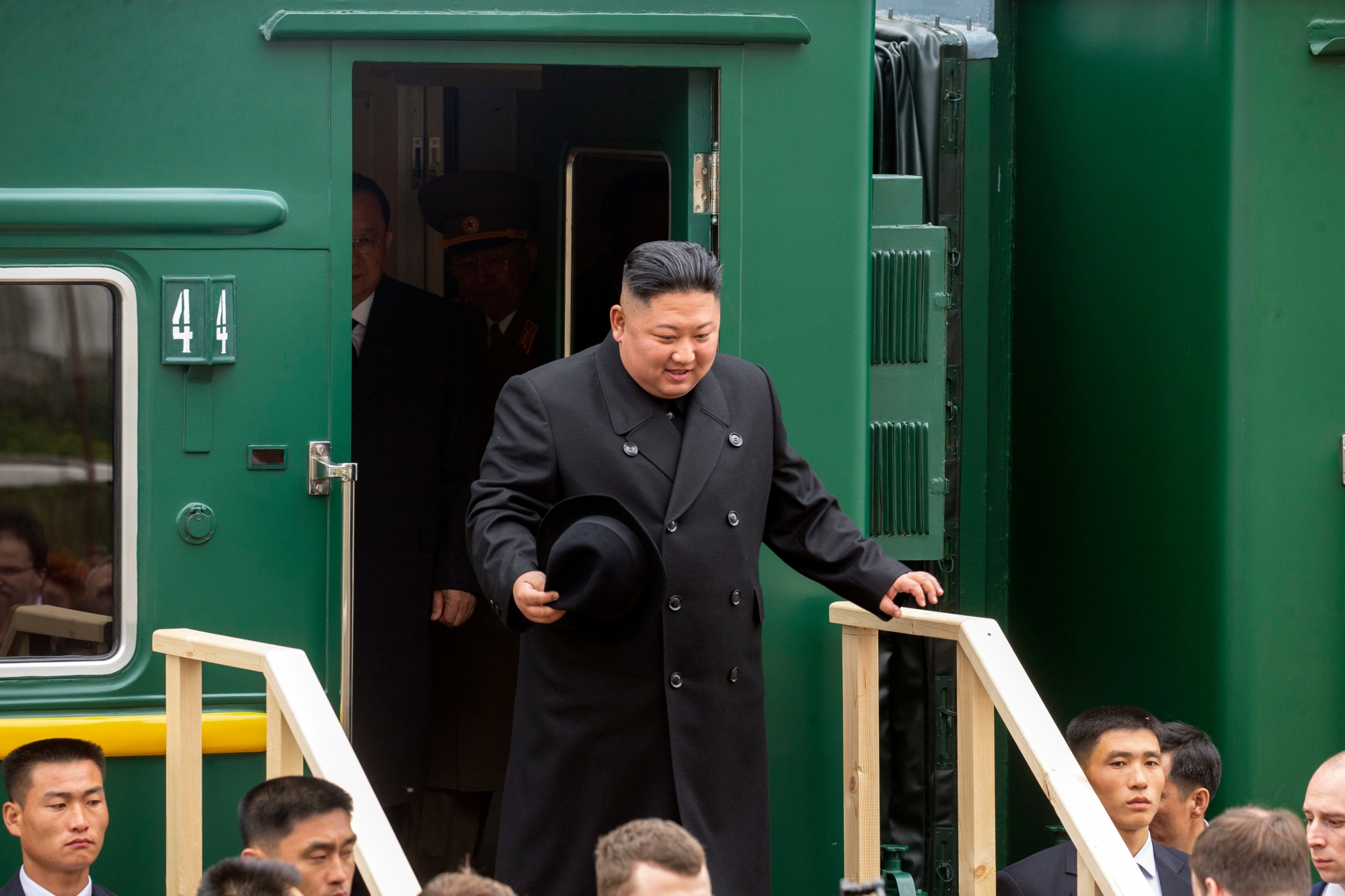 In this photo released by press office of the administration of Primorsky Krai region, North Korea's leader Kim Jong Un leaves a train carriage after arriving at the border station of Khasan, Primorsky Krai region, Russia, Wednesday, April 24, 2019. North Korean leader Kim Jong Un arrived in Russia on Wednesday morning for his much-anticipated summit with Russian President Vladimir Putin in the Pacific port city of Vladivostok. (Alexander Safronov/Press Office of the Primorye Territory Administration via AP) Putin Kim Summit