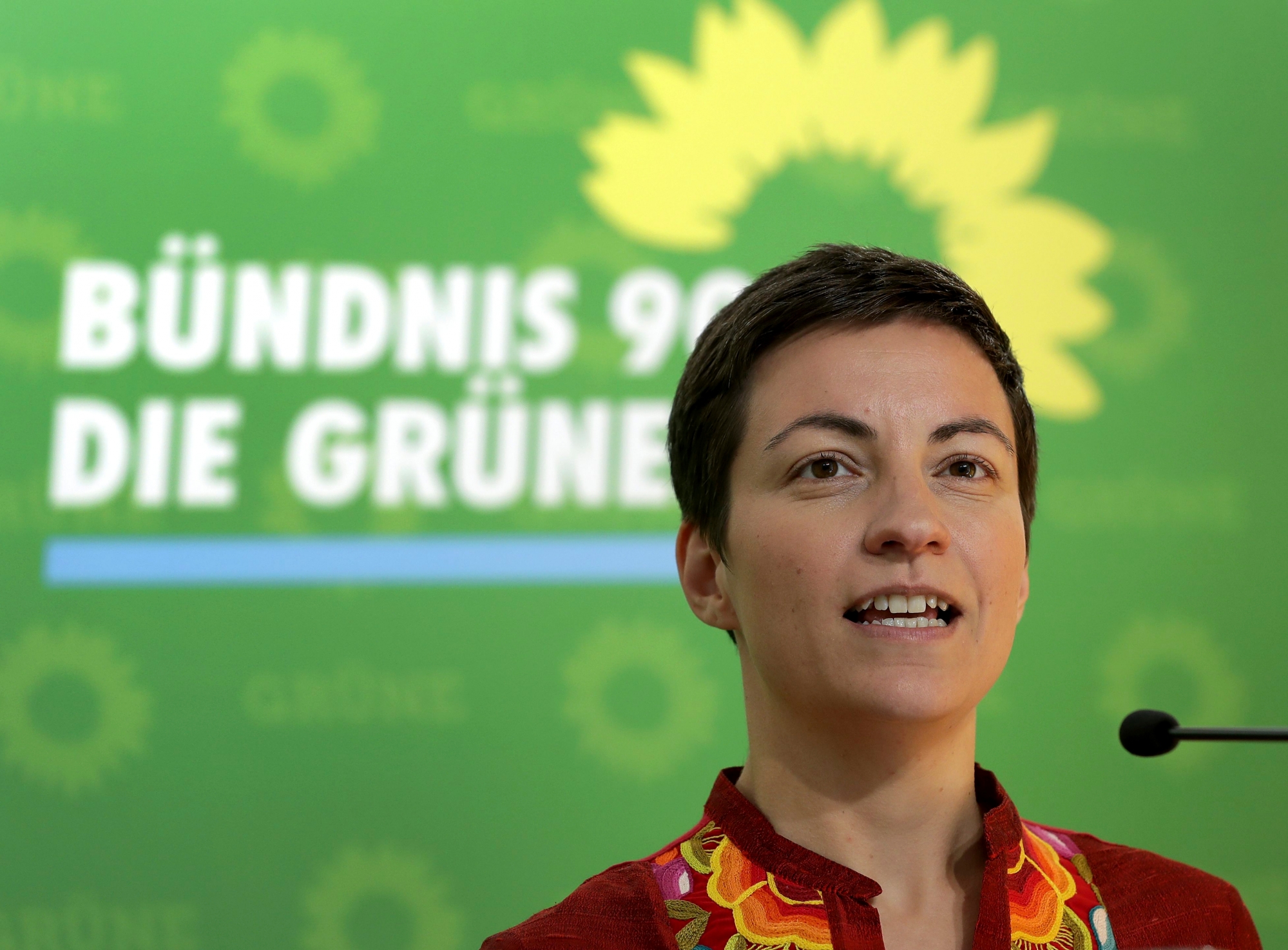 The co-top candidate of the European Green Party for the upcoming european elections, Ska Keller, addresses the media during a press conference at the headquarters of the German Green party in Berlin, Germany, Monday, May 13, 2019. (AP Photo/Michael Sohn) Germany European Elections