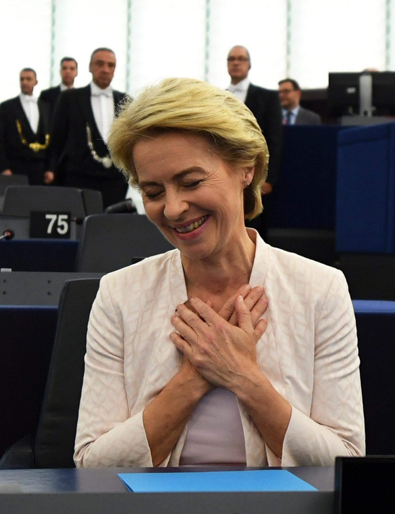 epa07720943 German Defense Minister Ursula von der Leyen and nominated President of the European Commission reacts after a vote at the European Parliament in Strasbourg, France, 16 July 2019.   European Parliament voted in favor of Ursula von der Leyen as the new President of the European Commission.  EPA/PATRICK SEEGER FRANCE EU EUROPEAN PARLIAMEN