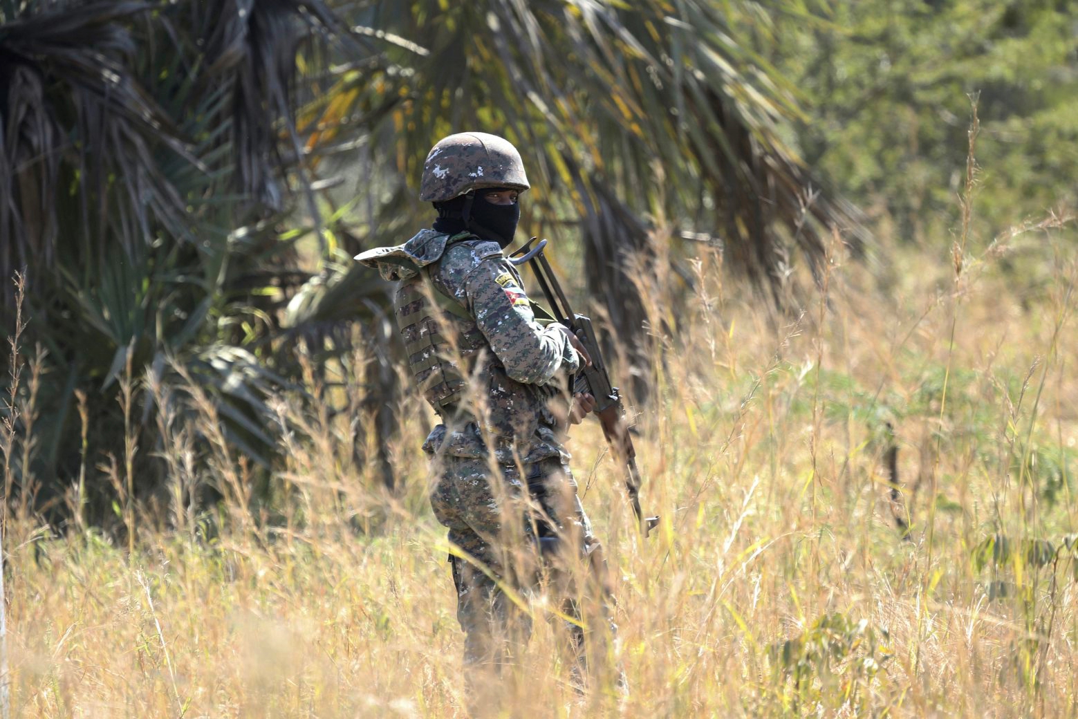 An armed soldier stands guard during the peace accord signing ceremony between Mozambique President Filipe Nyusi and Renamo leader Ossufo Momade at Gorongosa National Park, about 170 kilometres from Beira, Mozambique,Thursday, Aug, 1, 2019.  MozambiqueÄôs president and the leader of the Renamo opposition signed a peace accord on Thursday to end years of hostilities that followed a 15-year civil war. (AP Photo/Tsvangirayi Mukwazhi) Mozambique Peace Accord